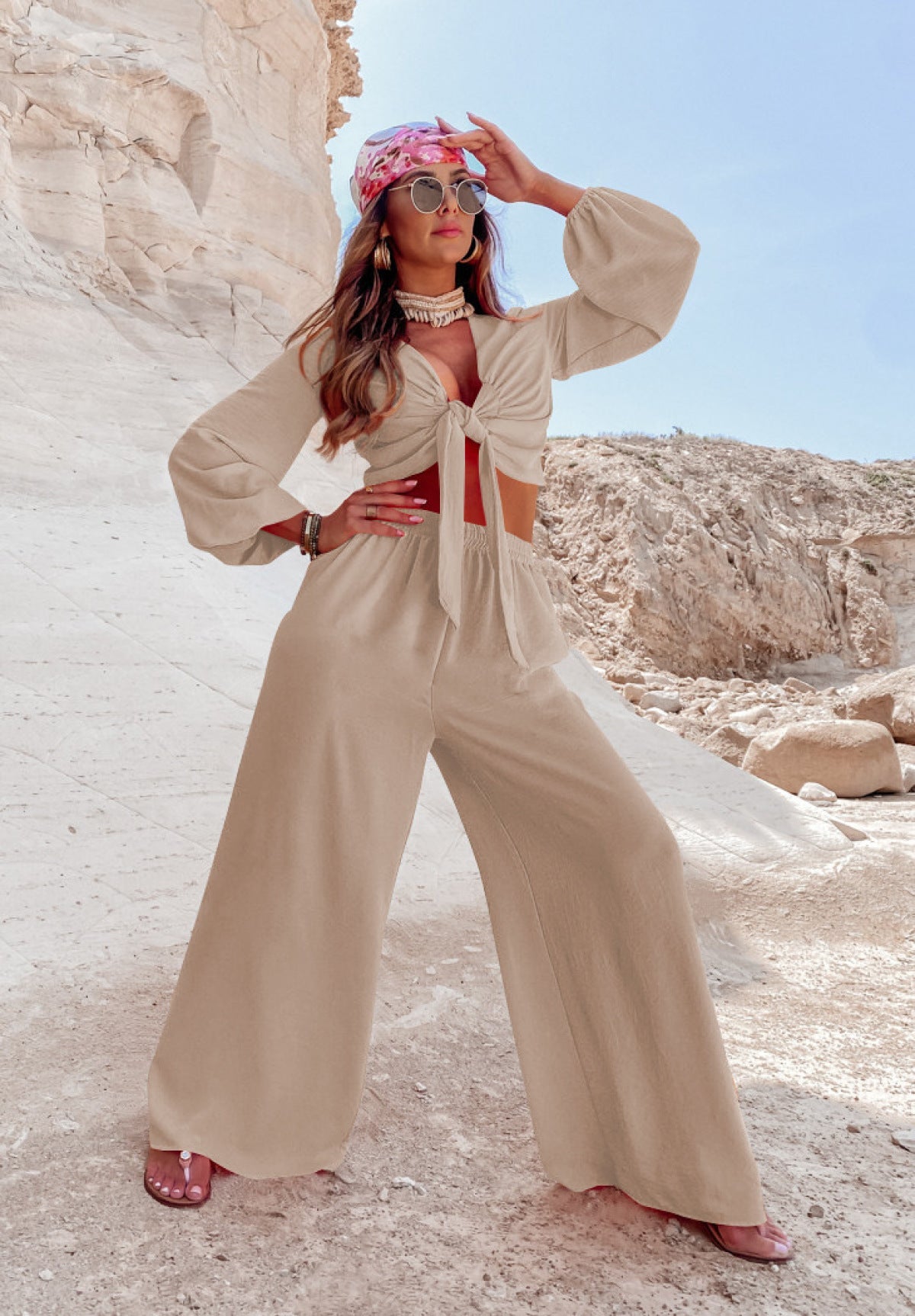 Knotted Front and Back Reversible Top & Wide Leg Pants Set