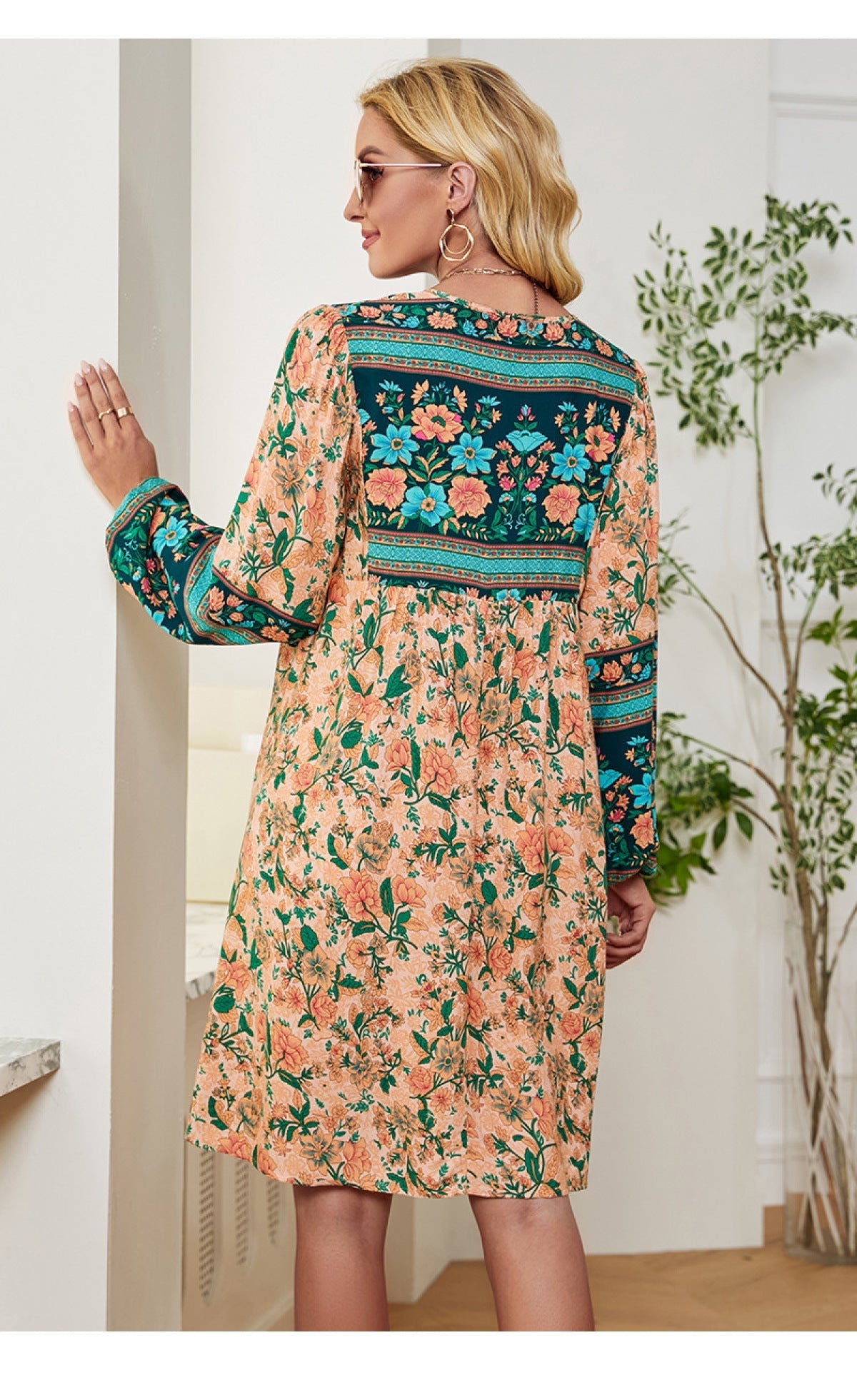 Multicolor V Neck Long Sleeve Floral Print Mini Dress
