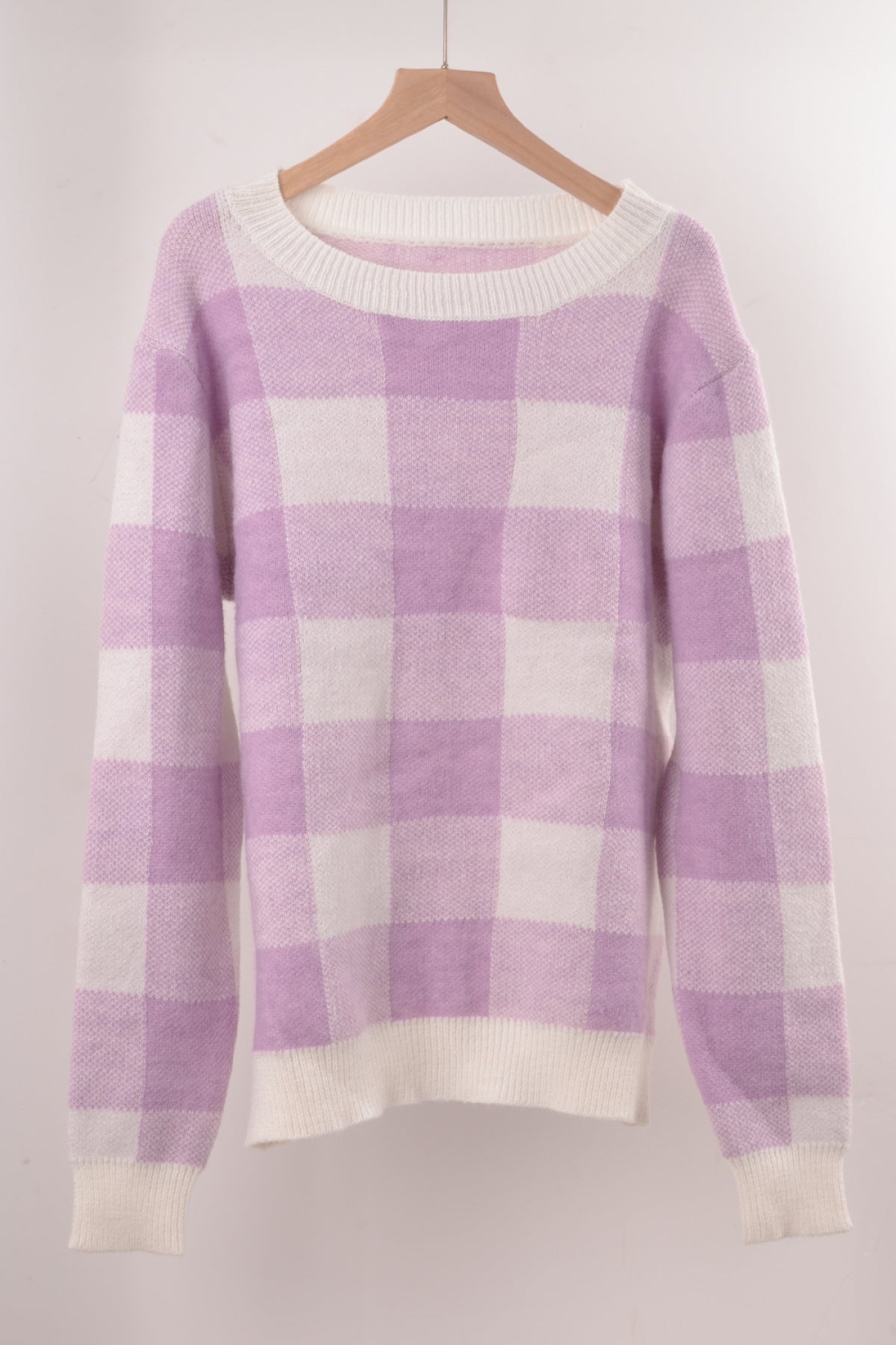 Round Neck Long Sleeve Plaid Knit Sweater