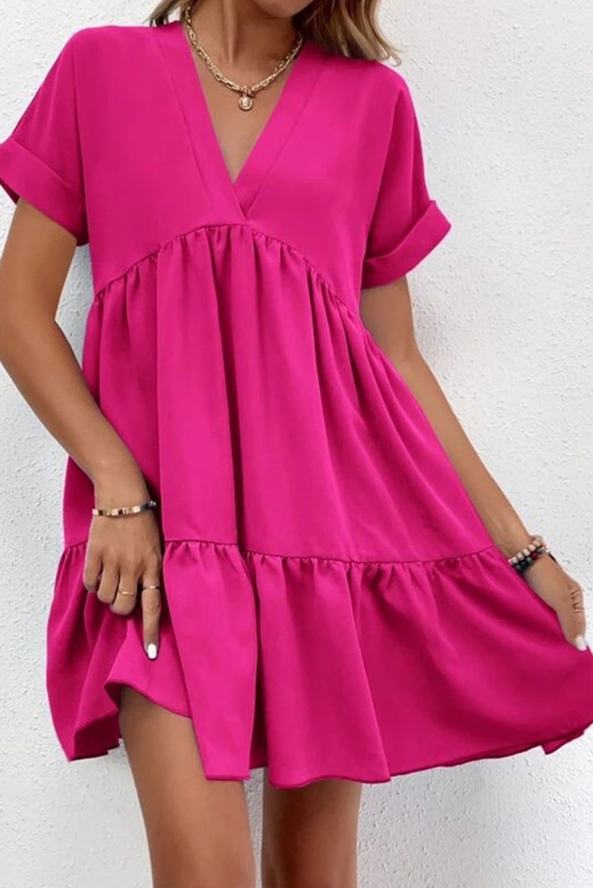 Rose Fresh And Sweet V-Neck Solid Color Large Swing Dress