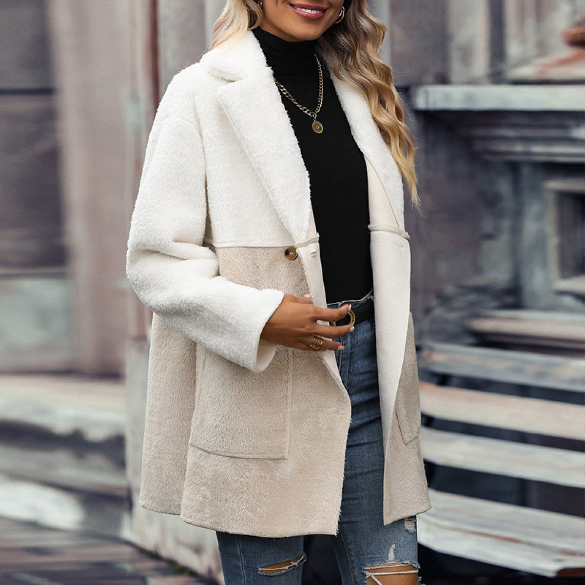 Casual Colorblock Botton Down Coat With Pocket