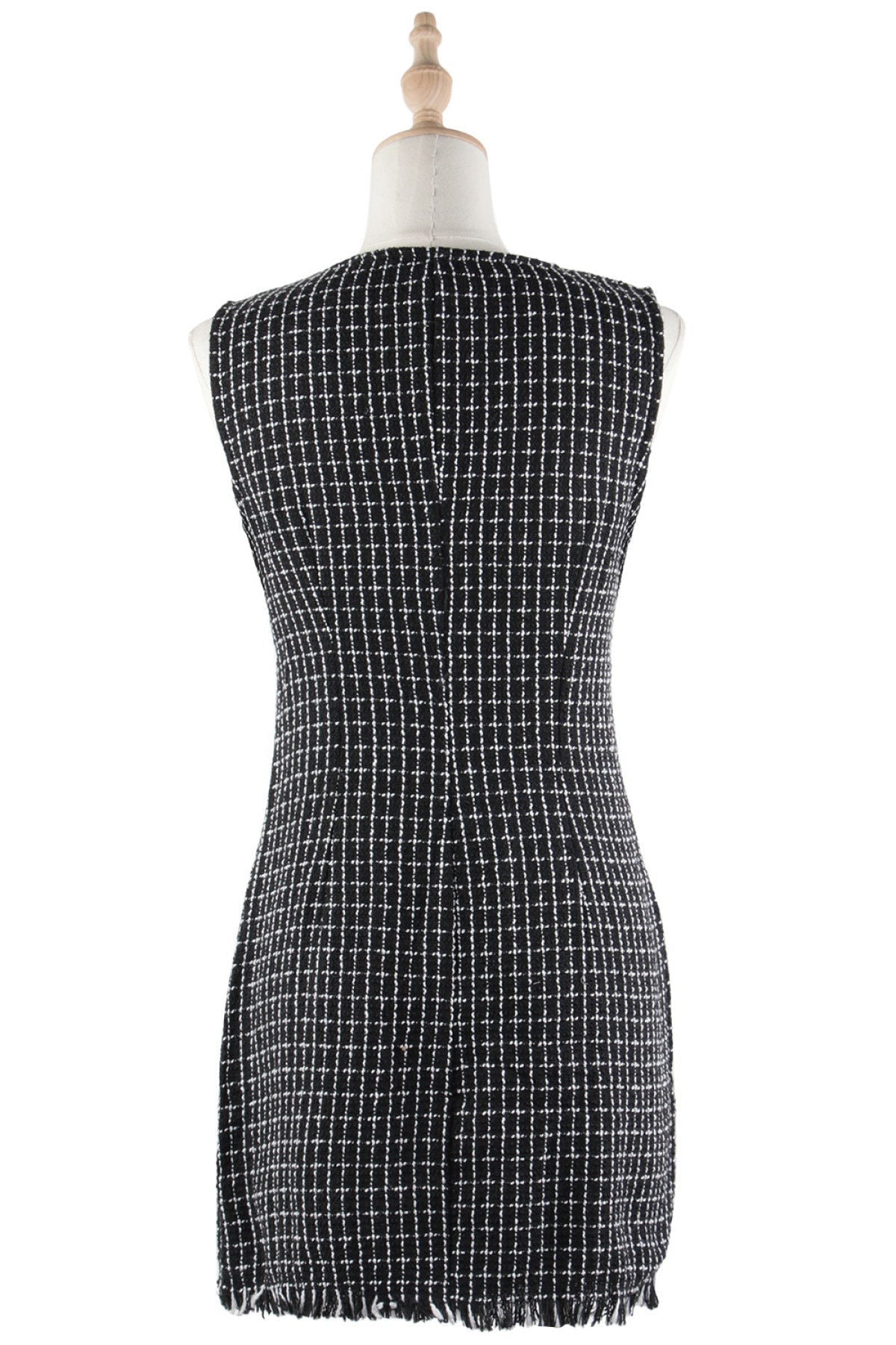 Deep V Sleeveless Double-Breasted Fringe Plaid Mini Dress
