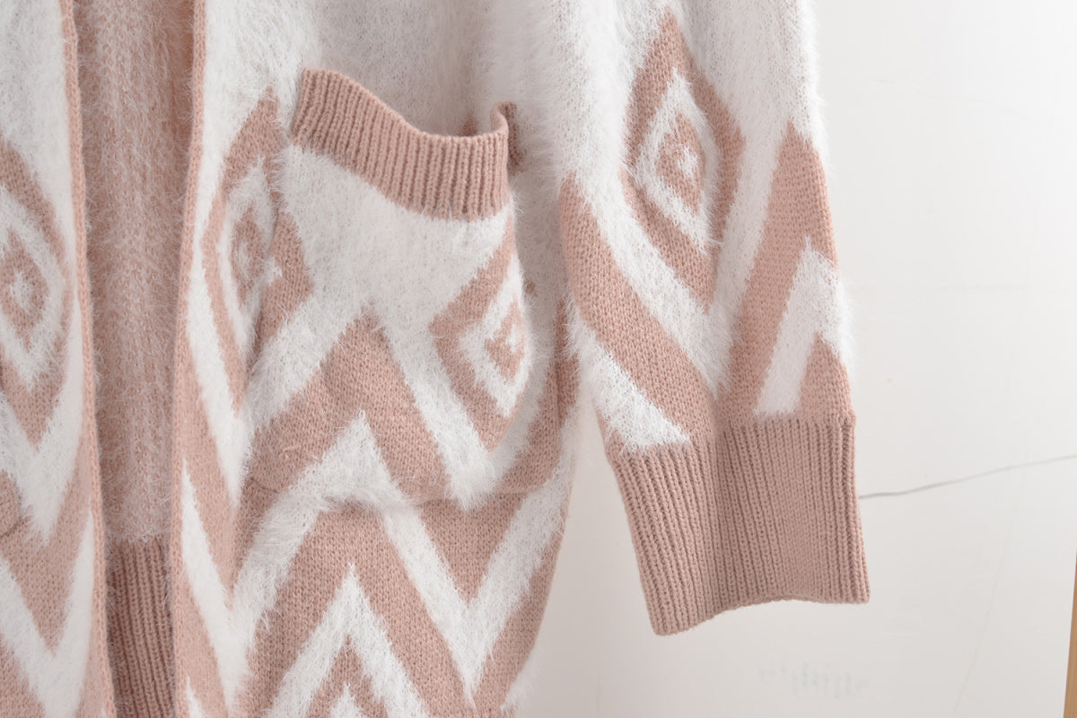 Fluffy Rhombus Print Long Sleeve Mid-length Cardigan Sweater