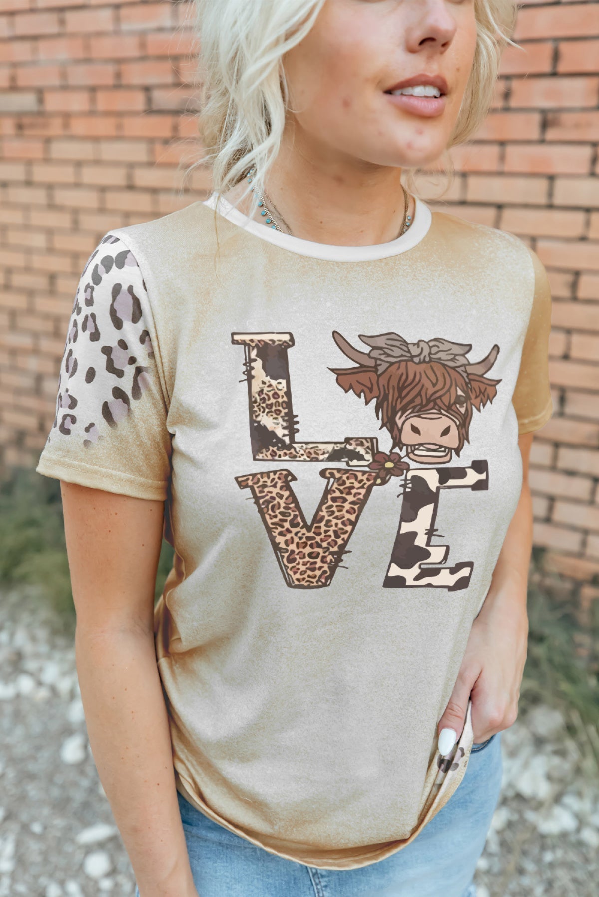 Khaki LOVE Leopard Cow Graphic Print Short Sleeve Tee T-Shirts