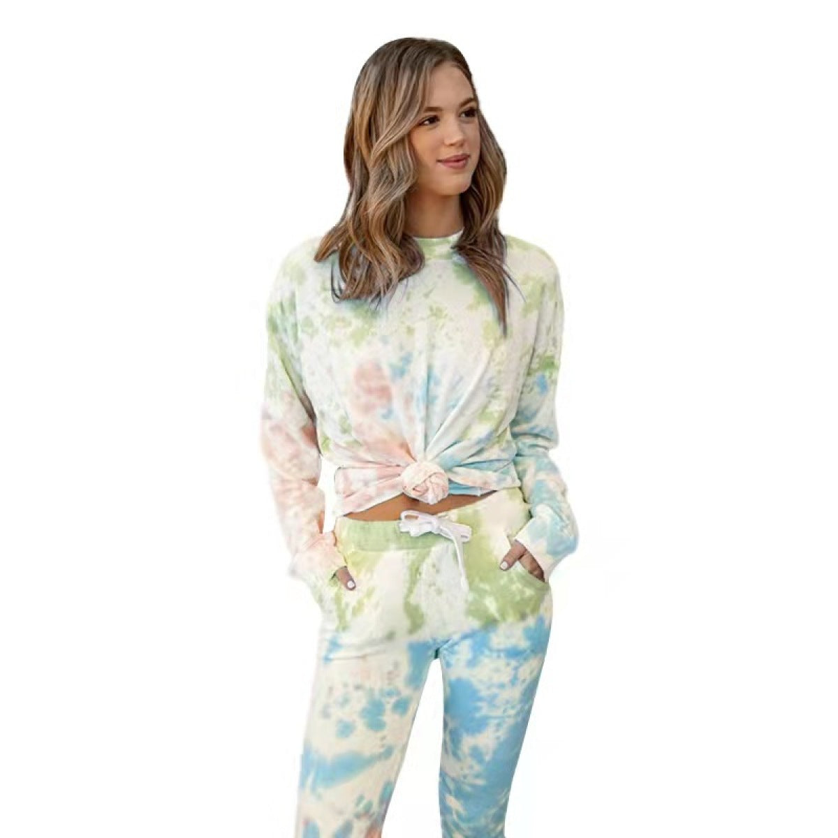 Casual Tie Dye Round Neck Long Sleeve & Pants With Pocket Set