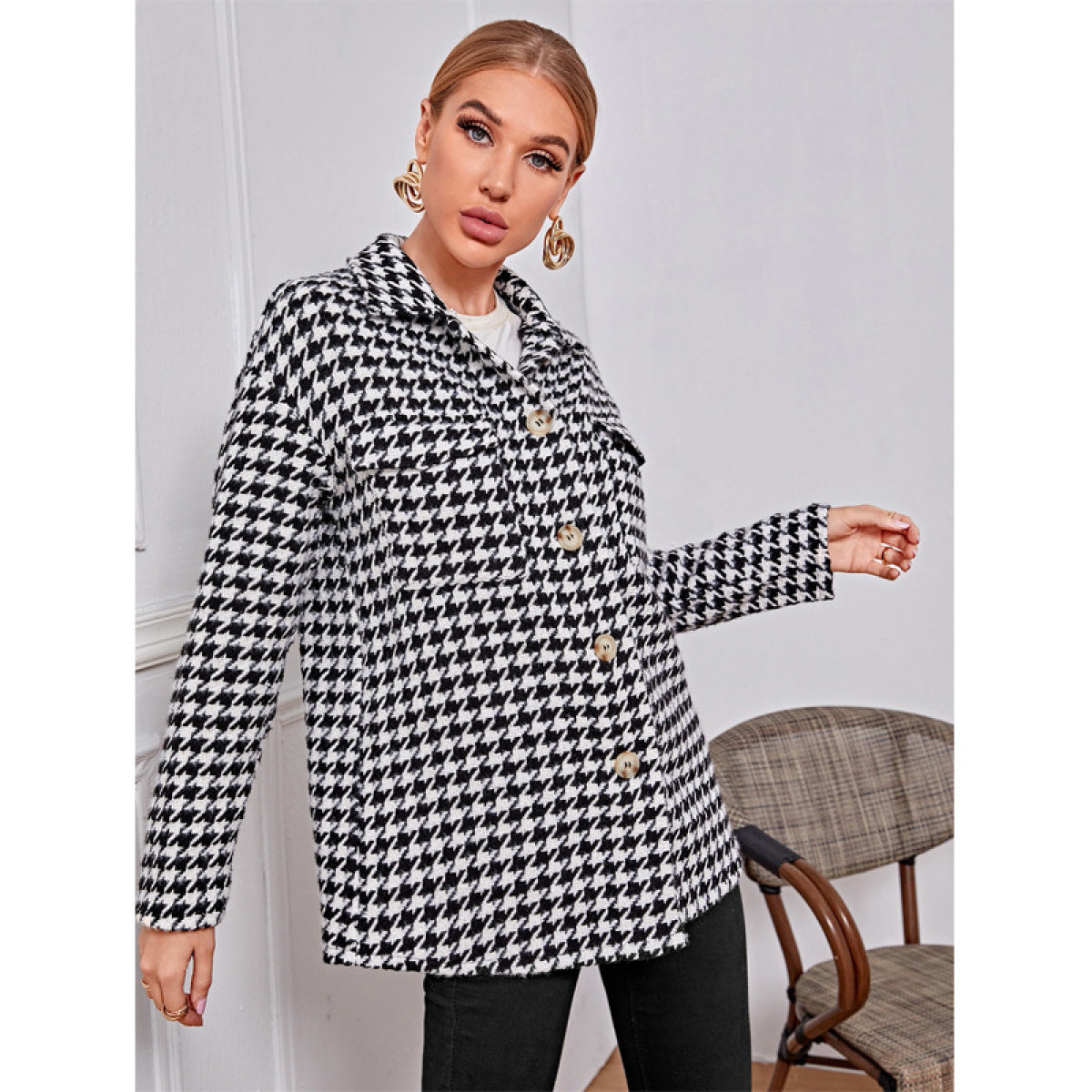 Collared Neck Single-Breasted Houndstooth Coat