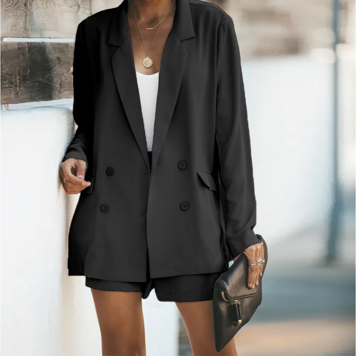 Casual Long-Sleeved Lapel Blazers & Shorts Two-Piece Set