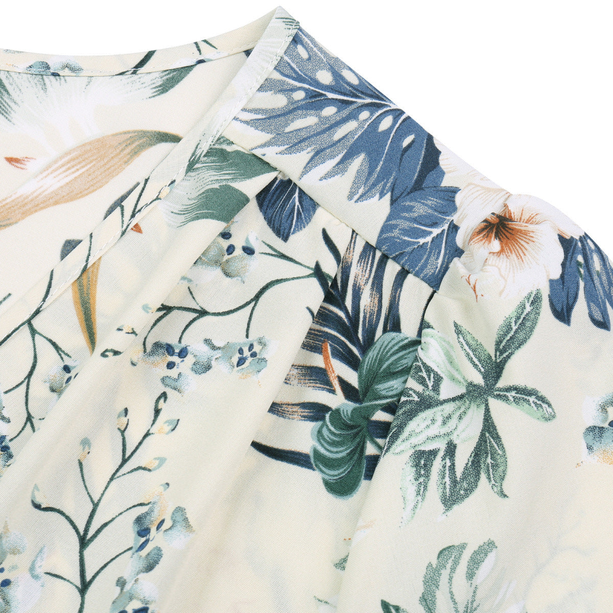 V-Neck Short Sleeve Tie Waist Plants Print Slit Maxi Dress