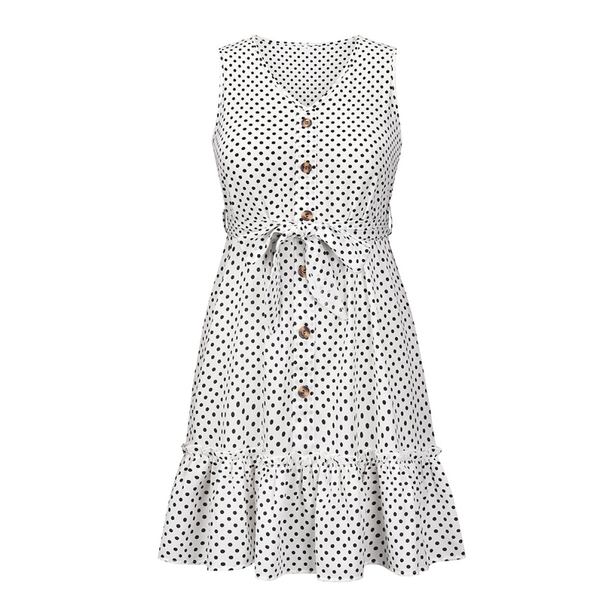 Polka Dot Buttoned Mini Dress with Belt