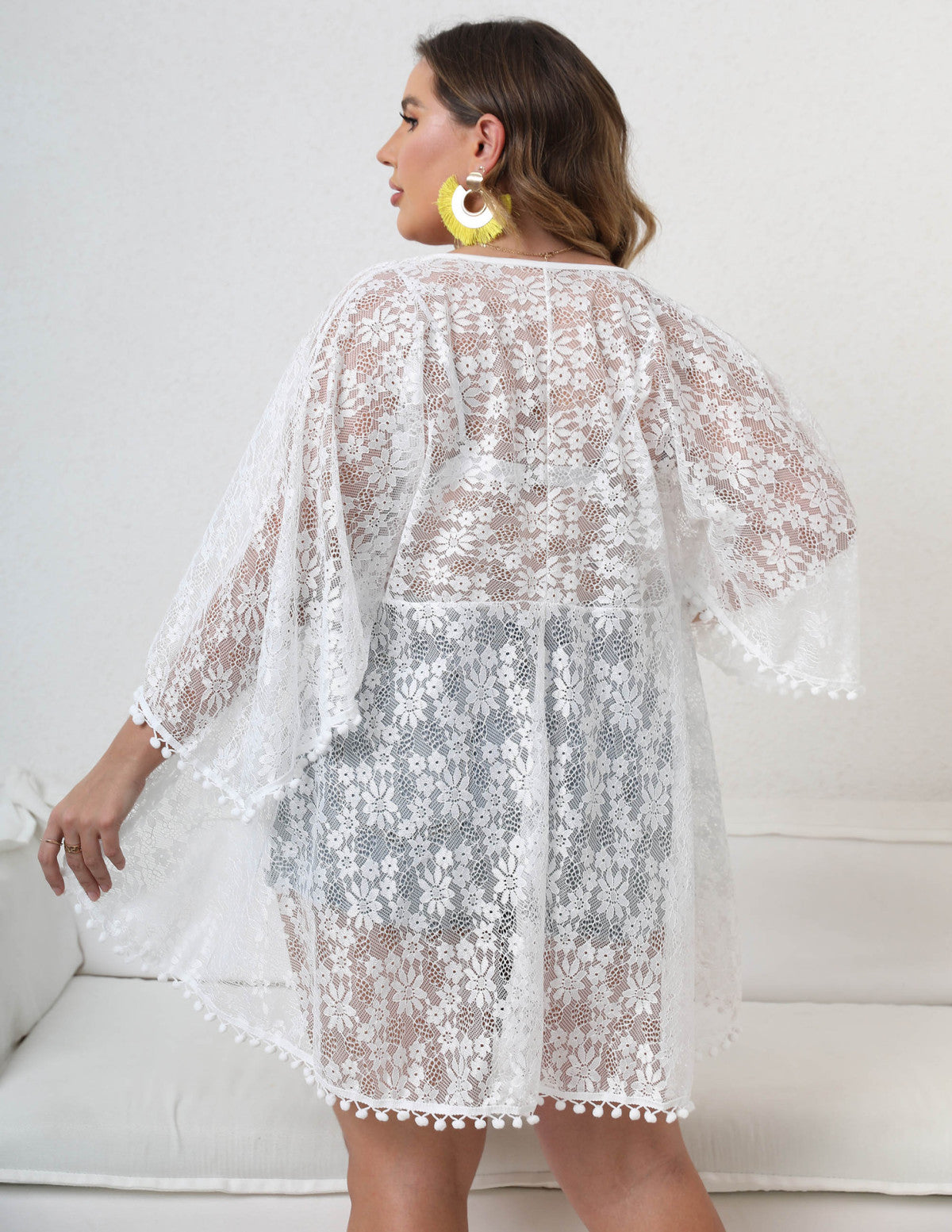 Plus Size Tie Front Asymmetric Sheer Lace Beach Kimonos