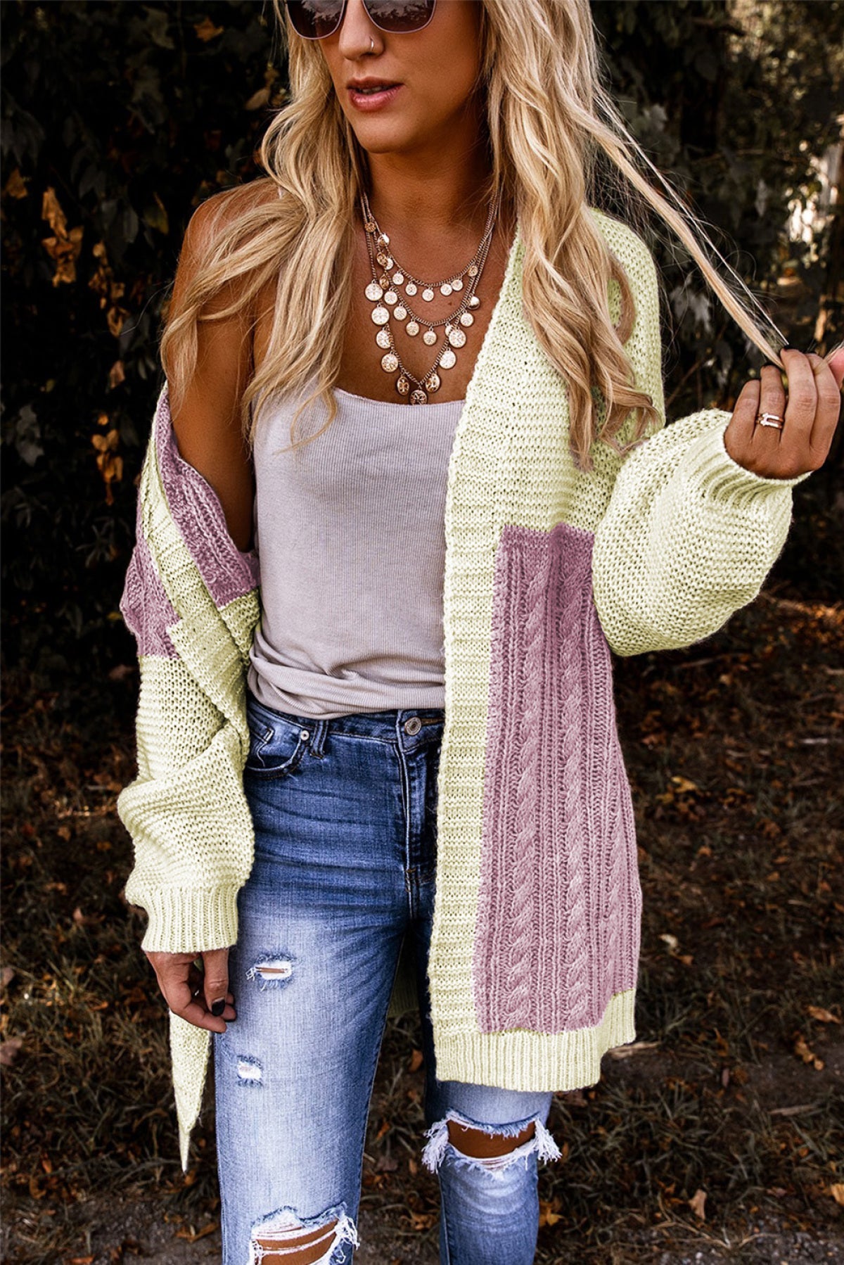 Color Block Open Front Cable Knitted Cardigan