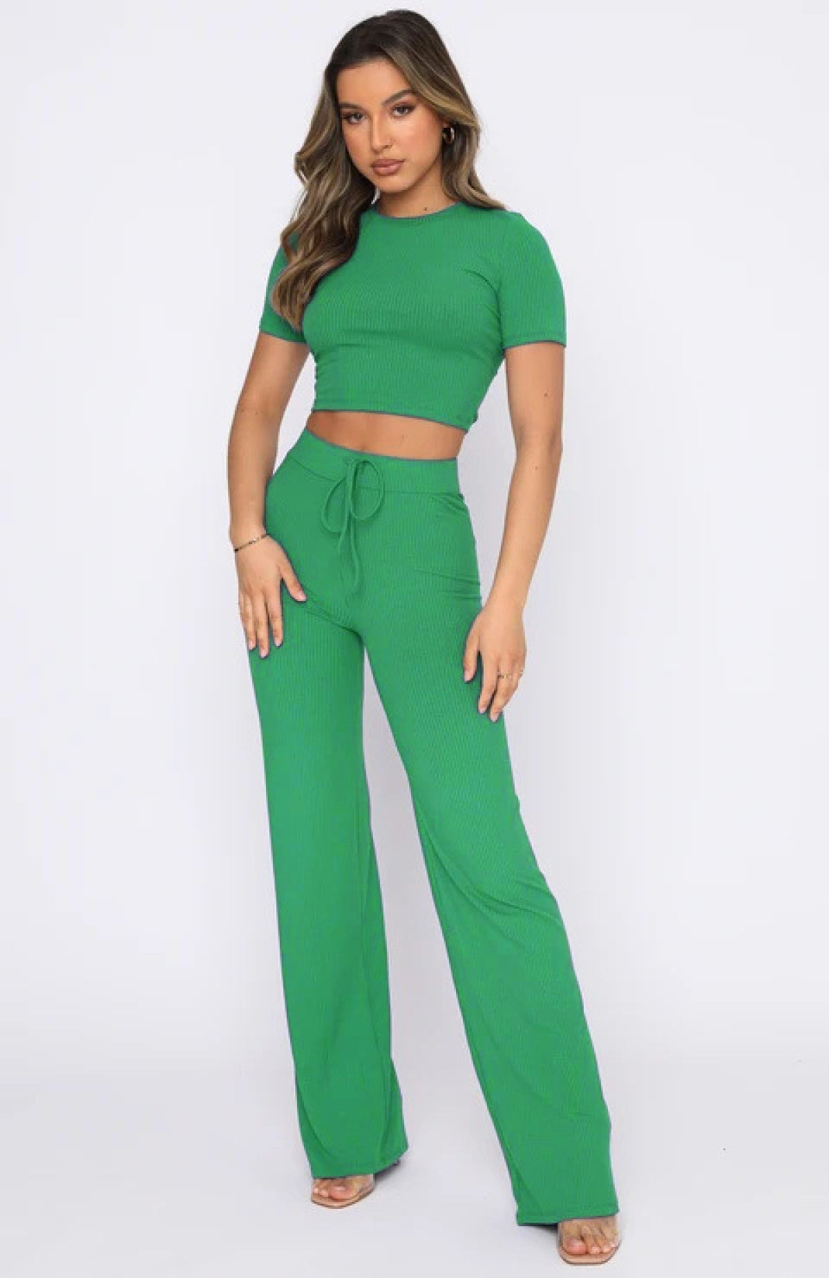 Casual High Elastic Short-Sleeved Top & Wide-Leg Pants Two-Piece Set