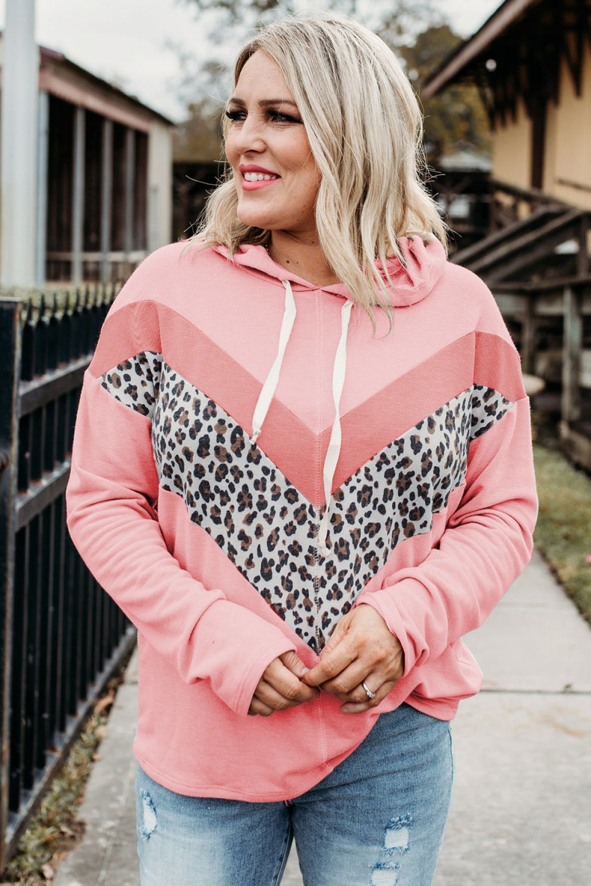 Plus Size Taupe Chevron Hooded Top