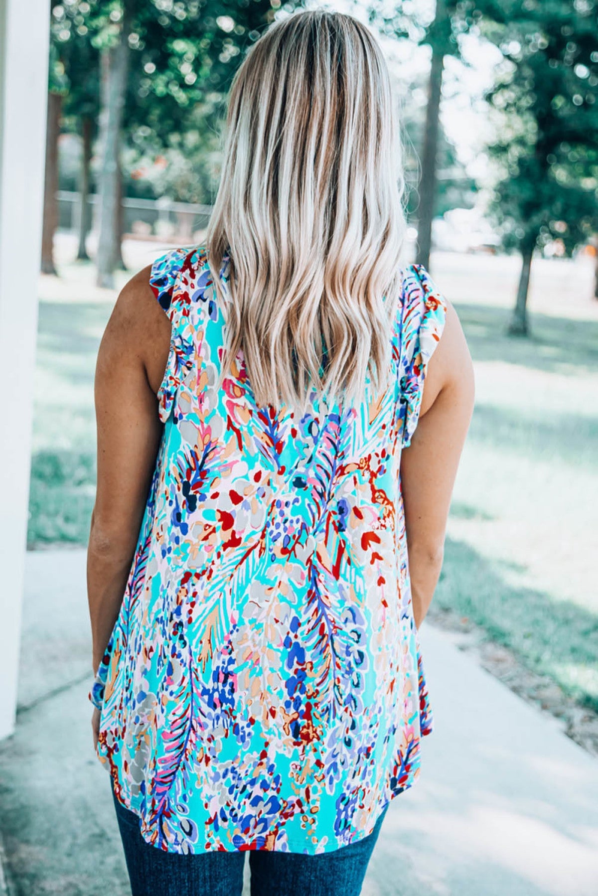 Floral Print Tank Top With Ruffles