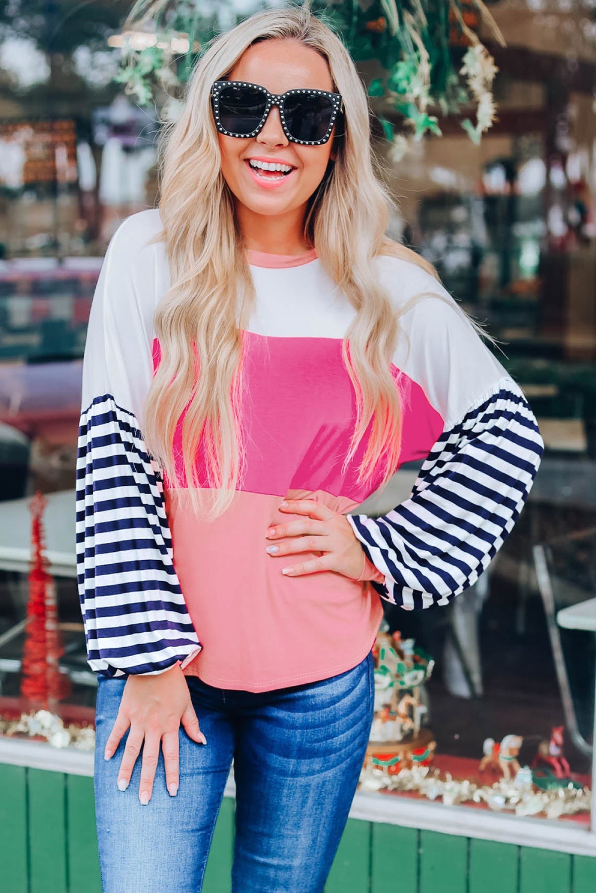 Pink Color Block Bubble Striped Sleeve Top