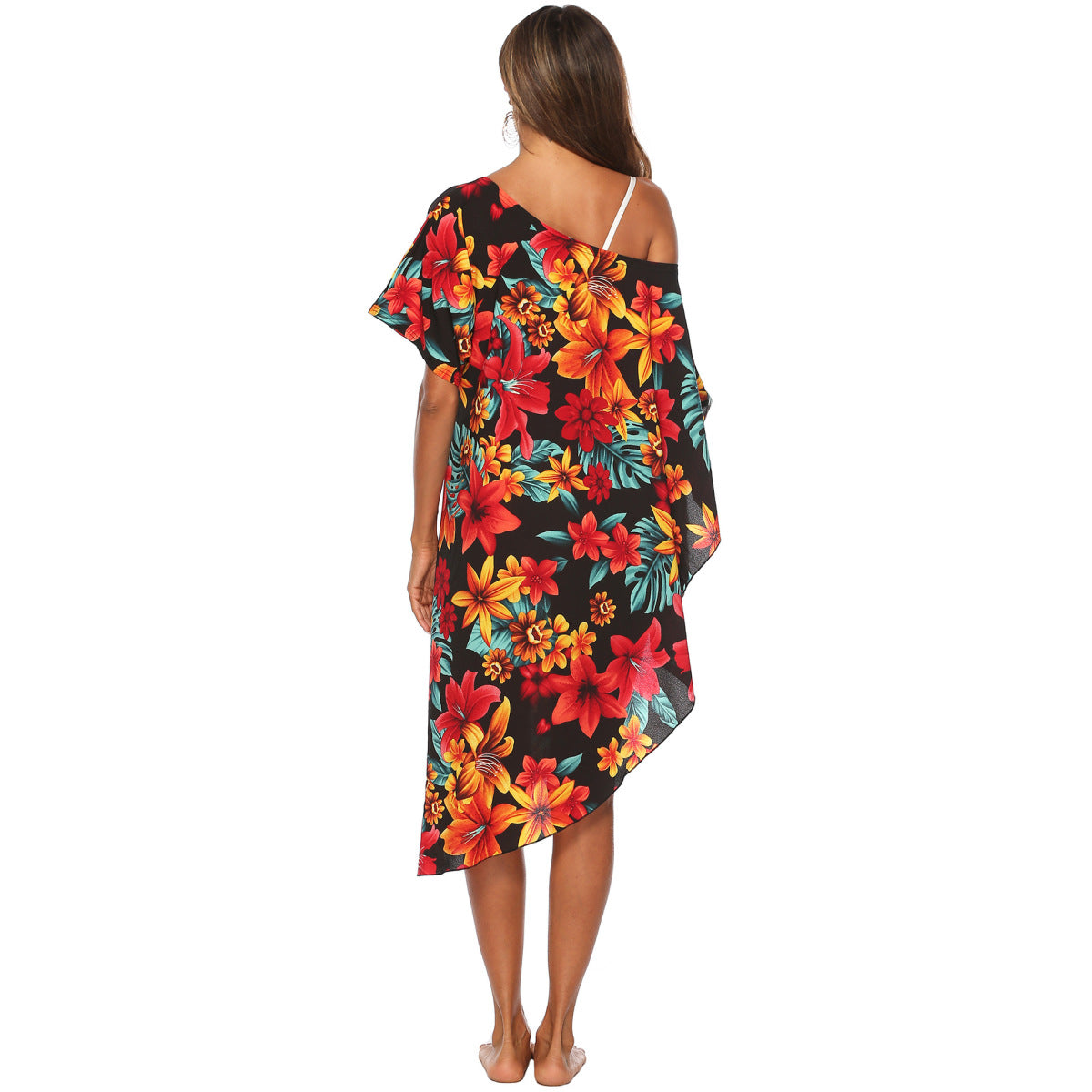 One-Shoulder Floral Print Asymmetrical Beach Cover-Up