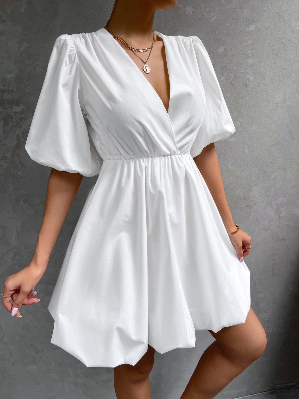 White Deep V Puff Sleeve Gathered Asymmetrical Hem Dress