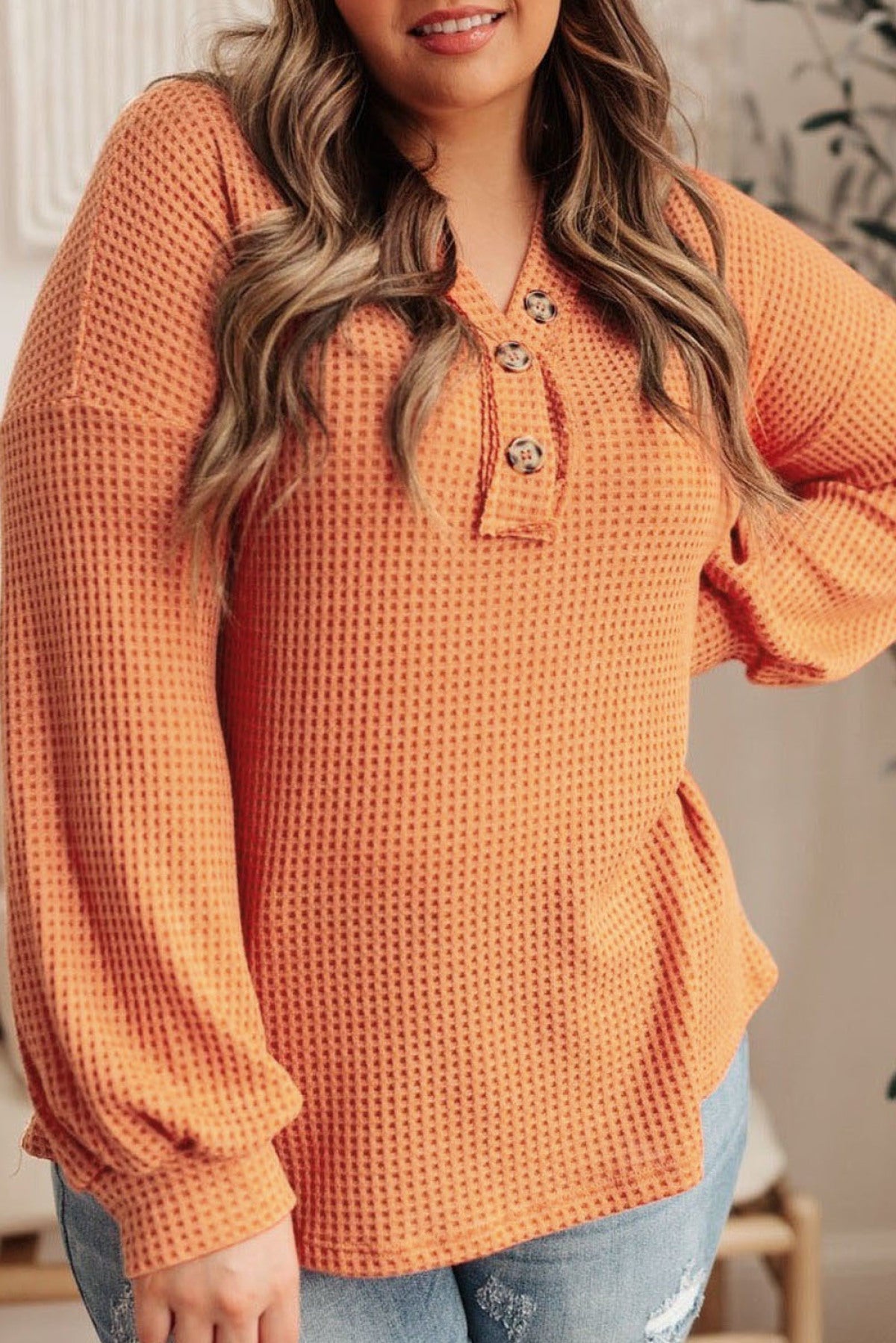Orange Buttoned V Neck Waffle Knit Plus Size Top