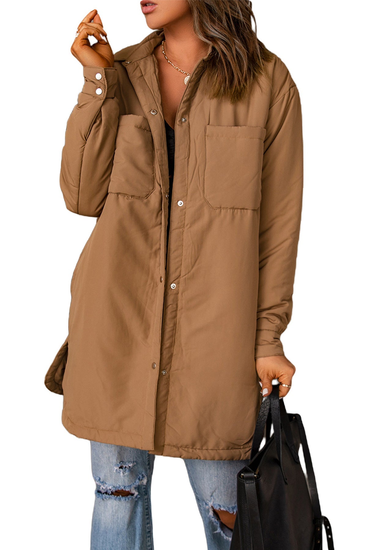 Brown Button Down Padded Jacket With Pockets