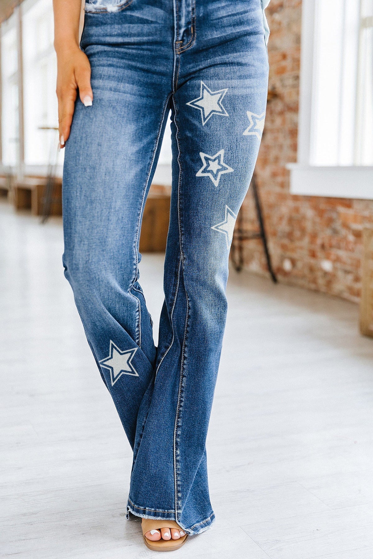 Sky Blue Star Print Split Seam Flared Jeans