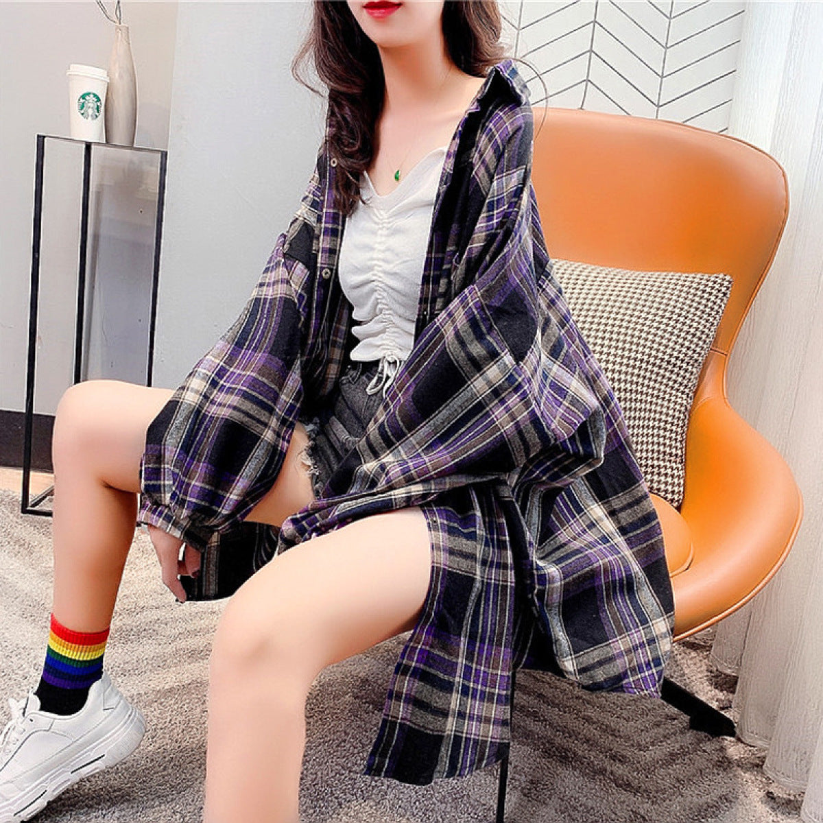 Loose Plaid Long-Sleeved Single-Breasted Blouse