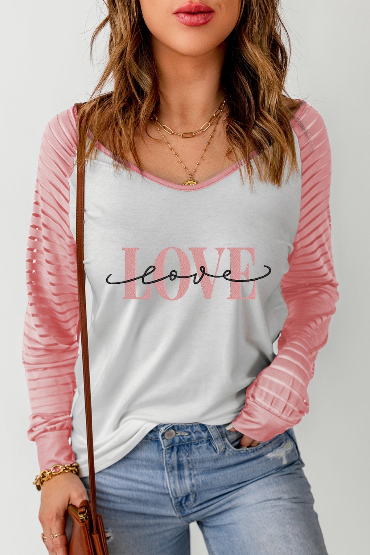 Pink Love Embroidered Sheer Patch Long Sleeve Top