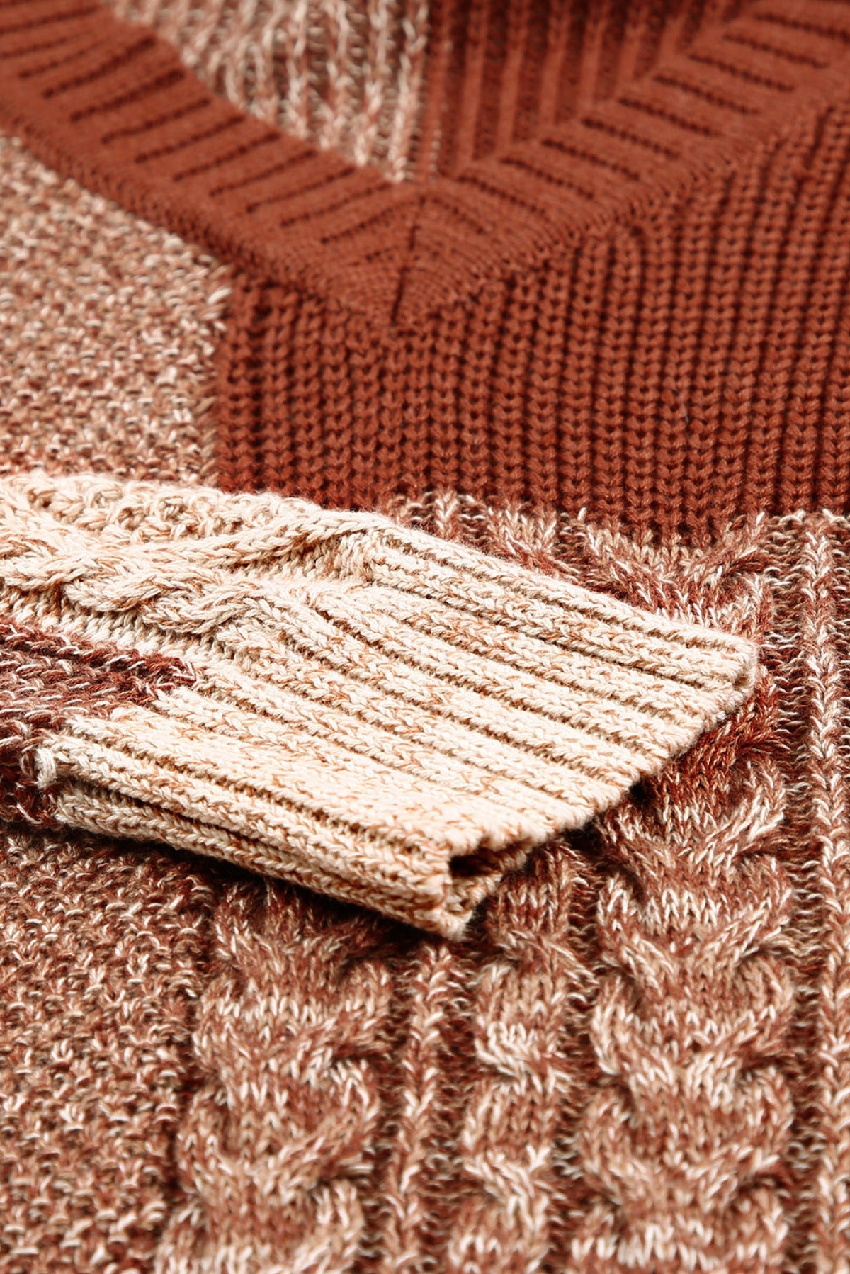 Brown Color Block Knitted Drop Shoulder V Neck Sweater