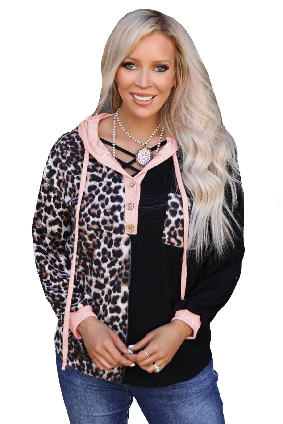 Black Leopard Patchwork Buttoned Hoodie