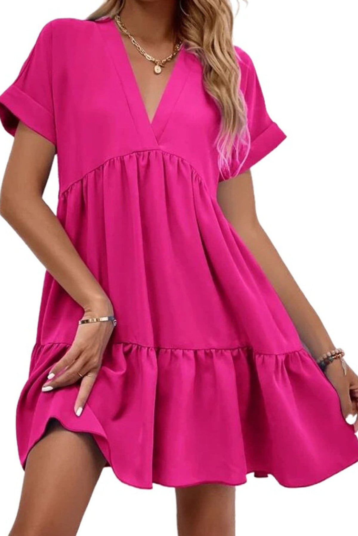 Rose Fresh And Sweet V-Neck Solid Color Large Swing Dress