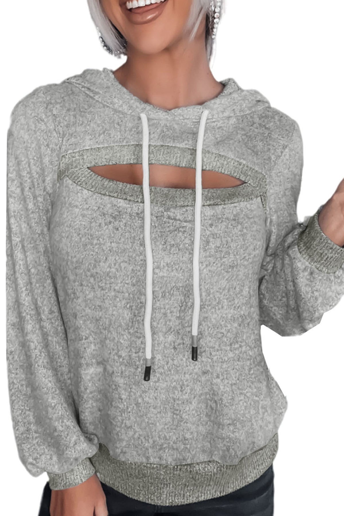 Gray Ribbed Trim Cut-Out Bust Drawstring Hoodie