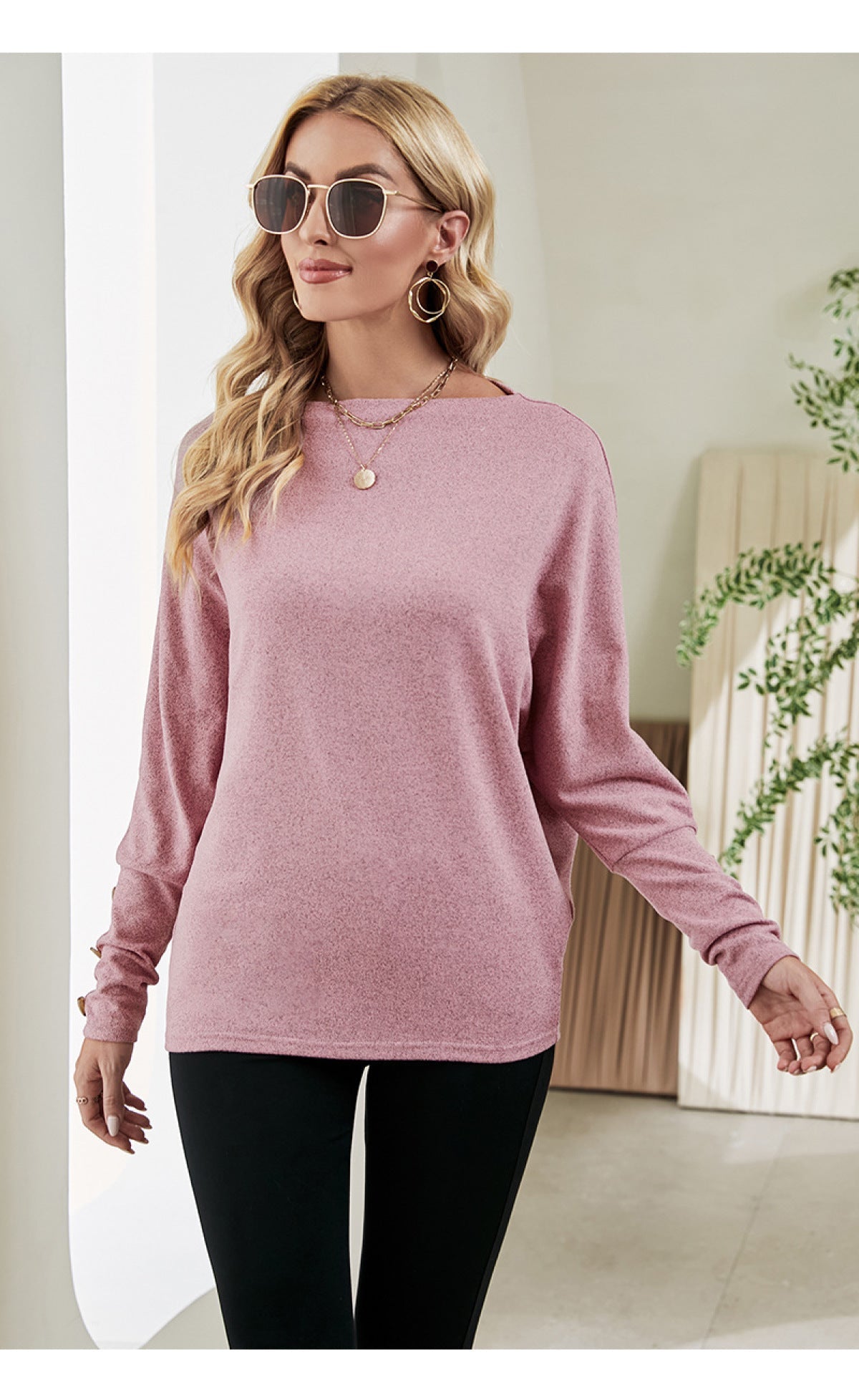 Crew Neck Batwing Sleeve Blouse With Buttons