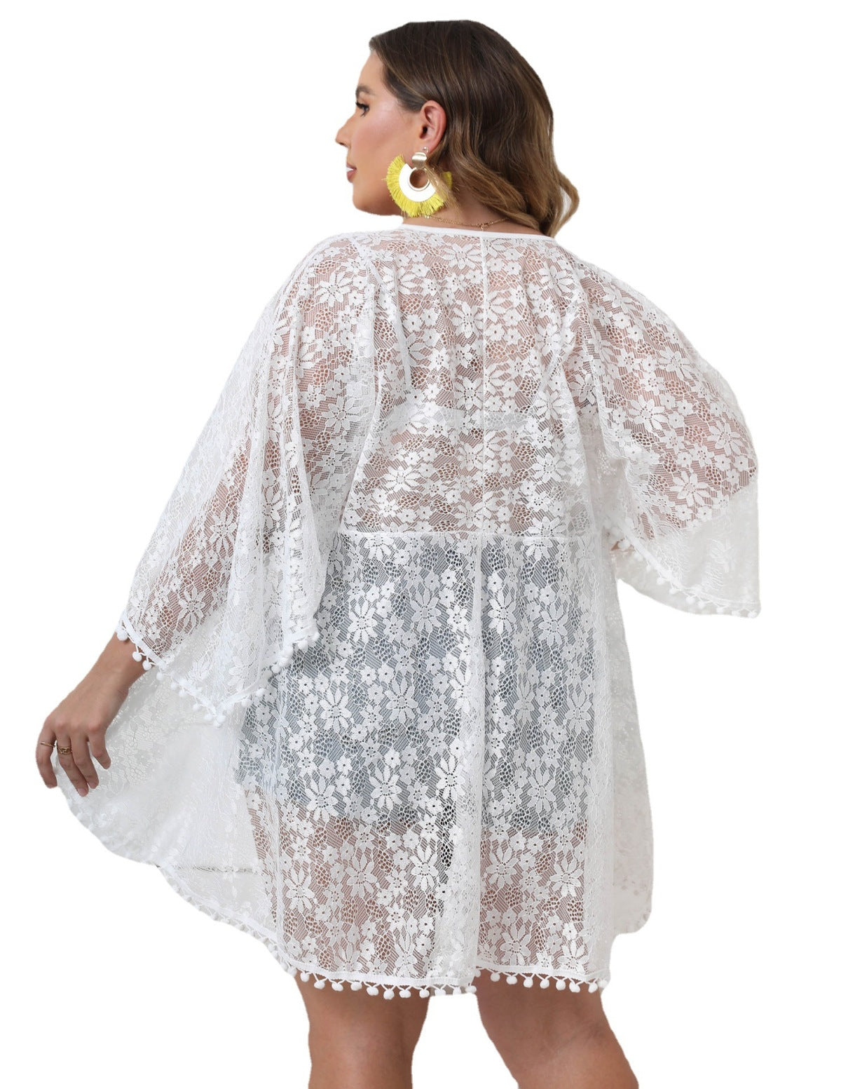 Plus Size Tie Front Asymmetric Sheer Lace Beach Kimonos