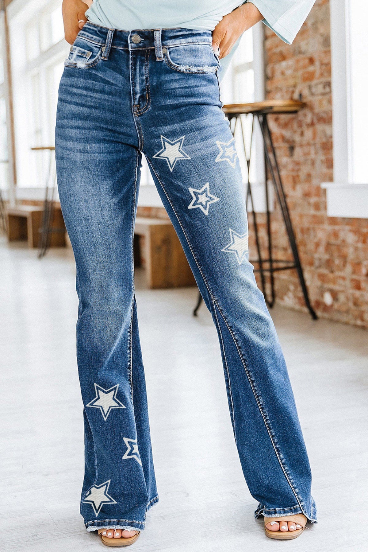 Sky Blue Star Print Split Seam Flared Jeans