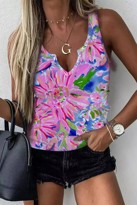 Floral Print Notched Neck Sleeveless Top