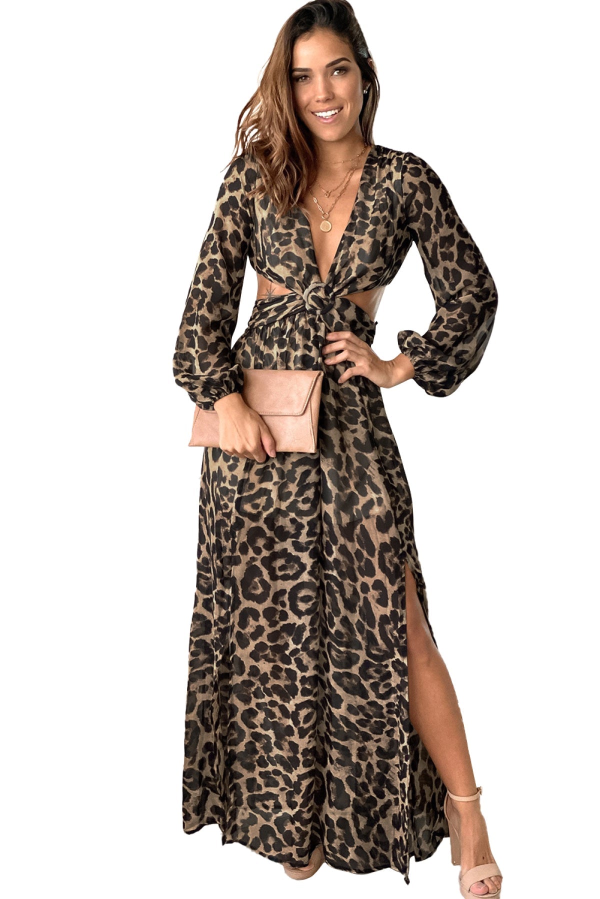 Front Knot Cut Out Waist Leopard Maxi Dress