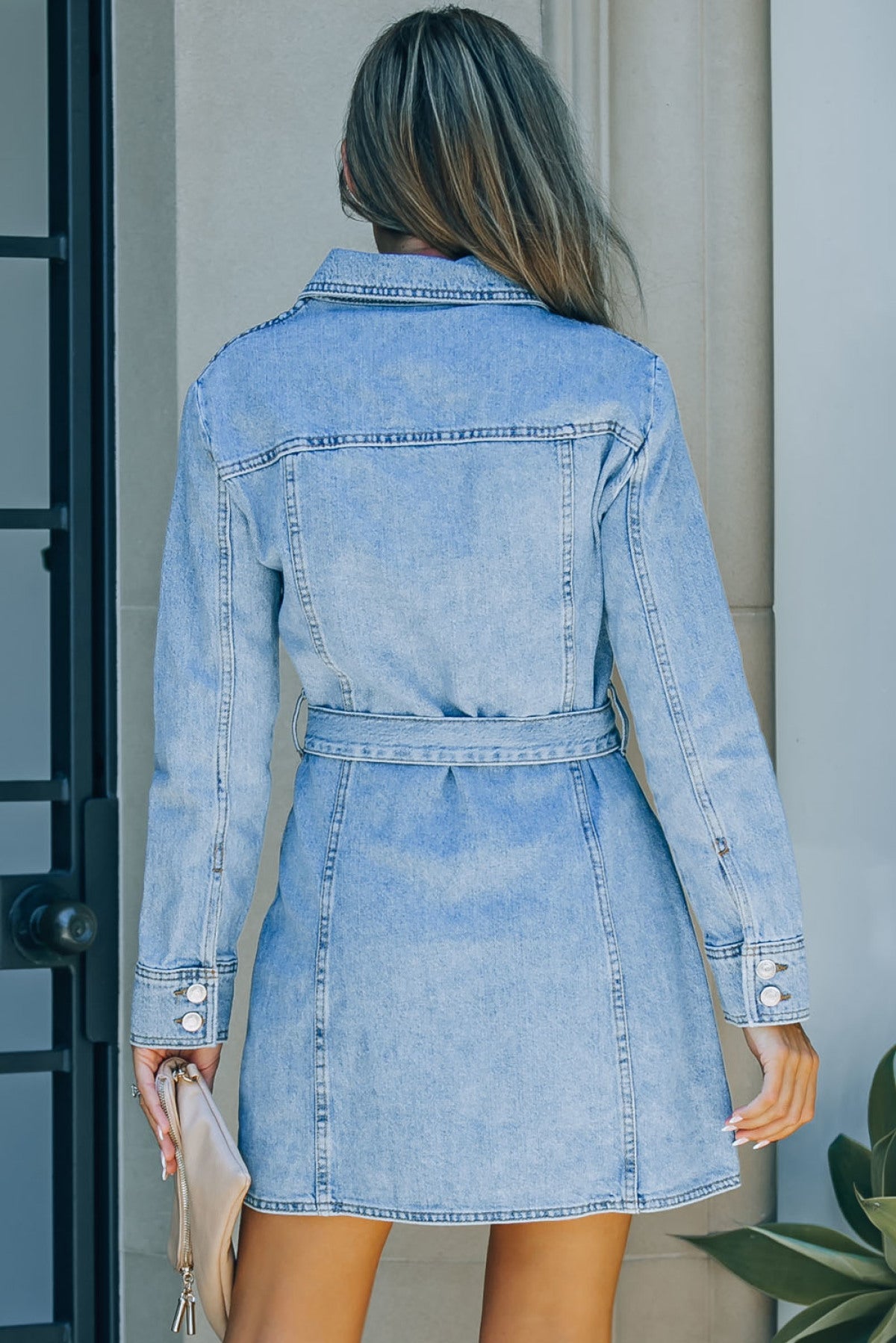 Buttoned Long Sleeve Denim Dress With Tie