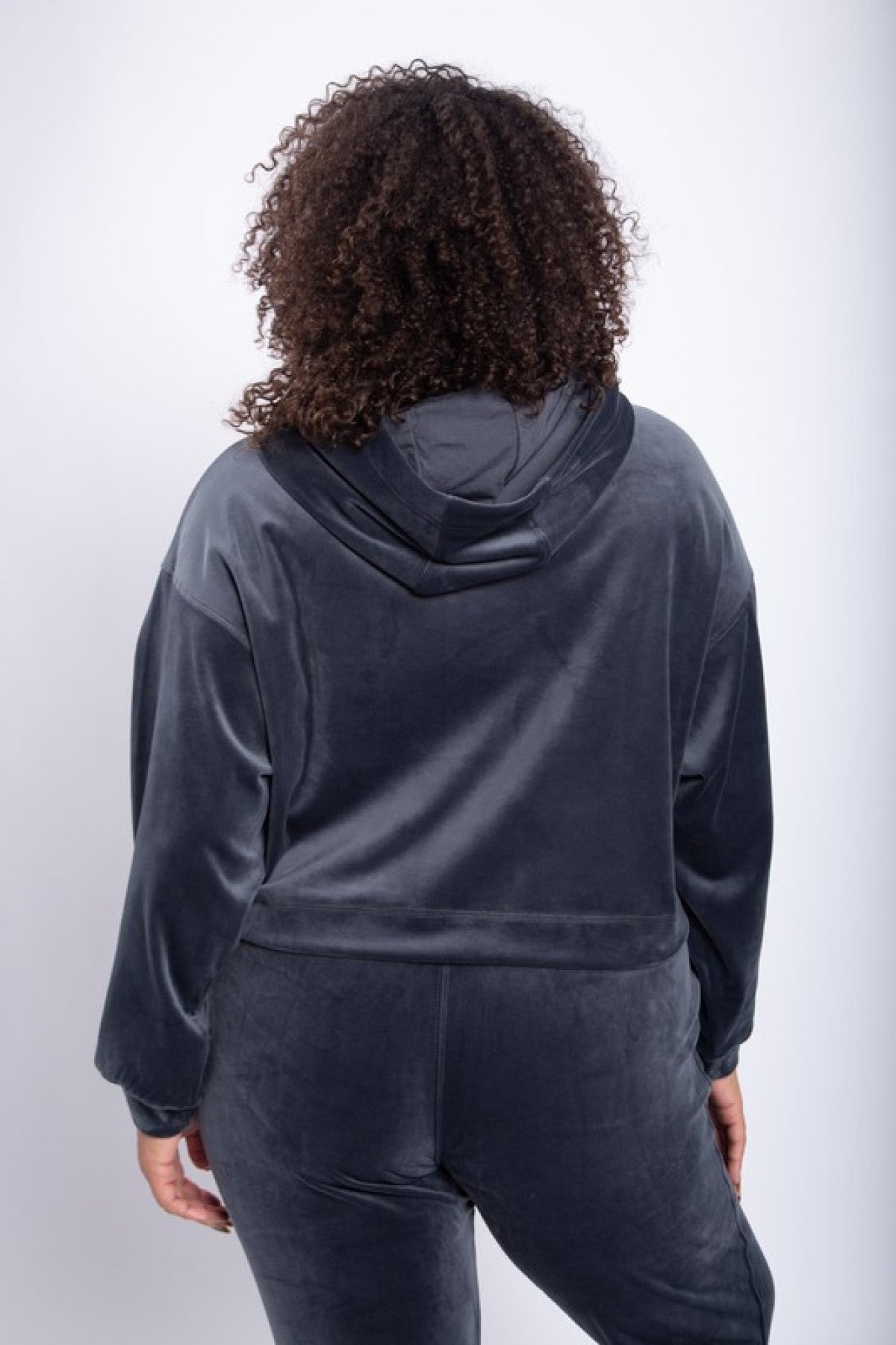 Mono B Velour Cropped Hoodie Pullover with Notched Neckline
