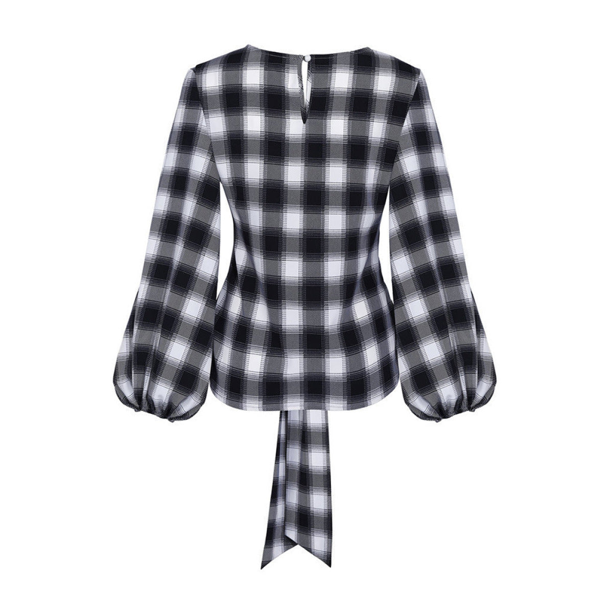 Loose Plaid Round Neck Long-Sleeved Knot Blouse