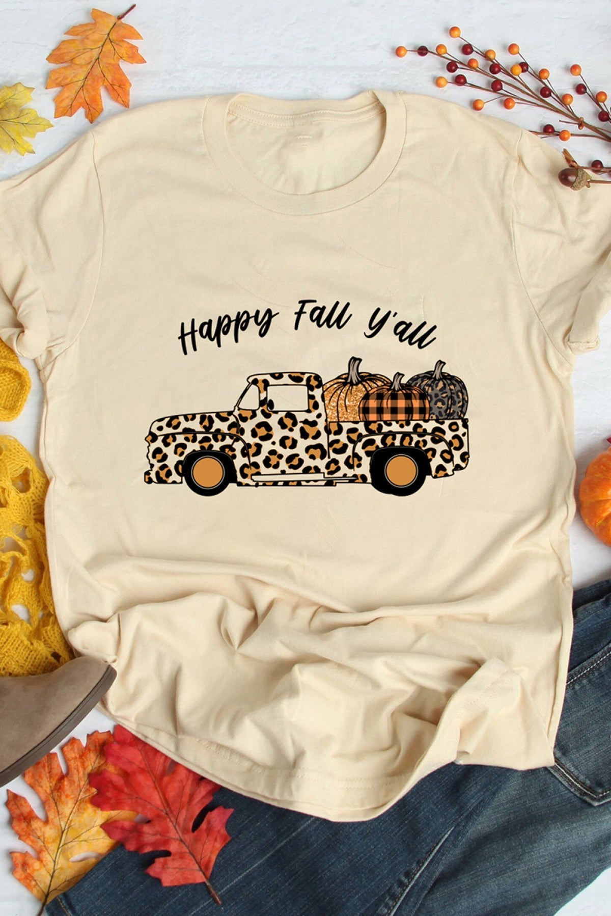 Khaki Happy Fall Leopard Truck Cute Pumpkin Graphic Tee