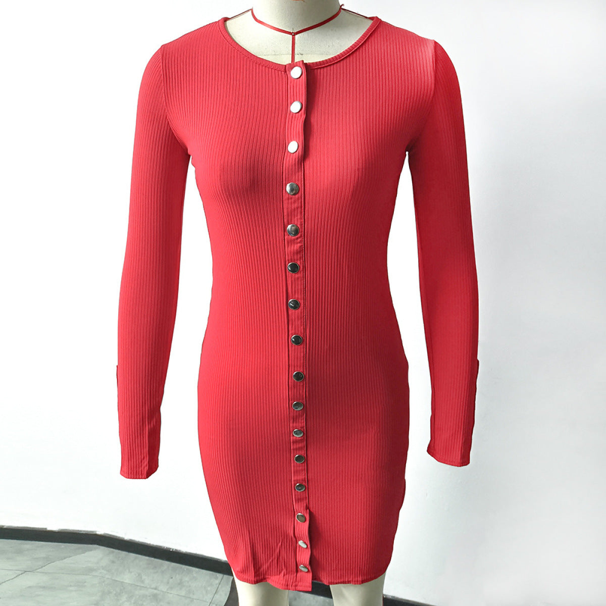 Sexy Round Neck Single-Breasted Knitted Long-Sleeved Dress