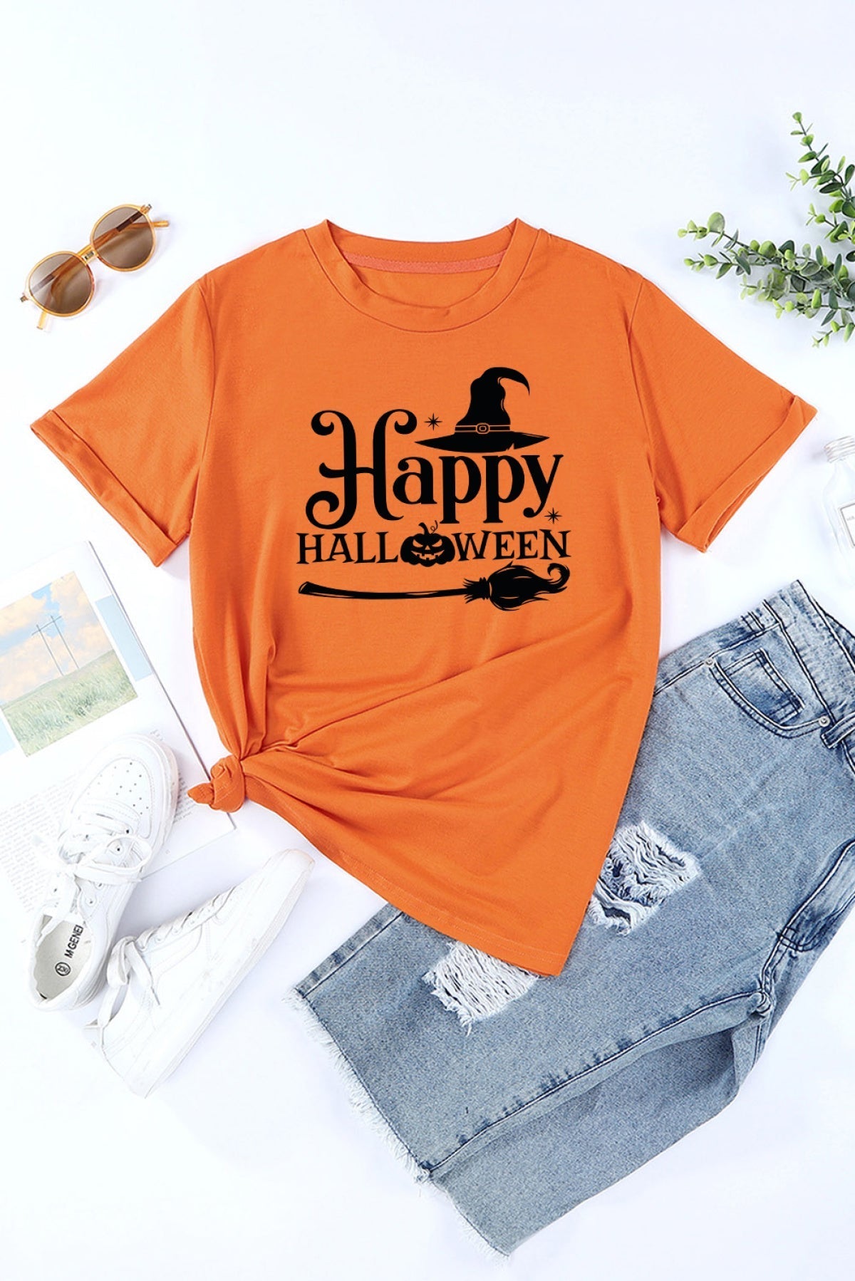 Orange Happy Halloween Graphic Print Short Sleeve T Shirt