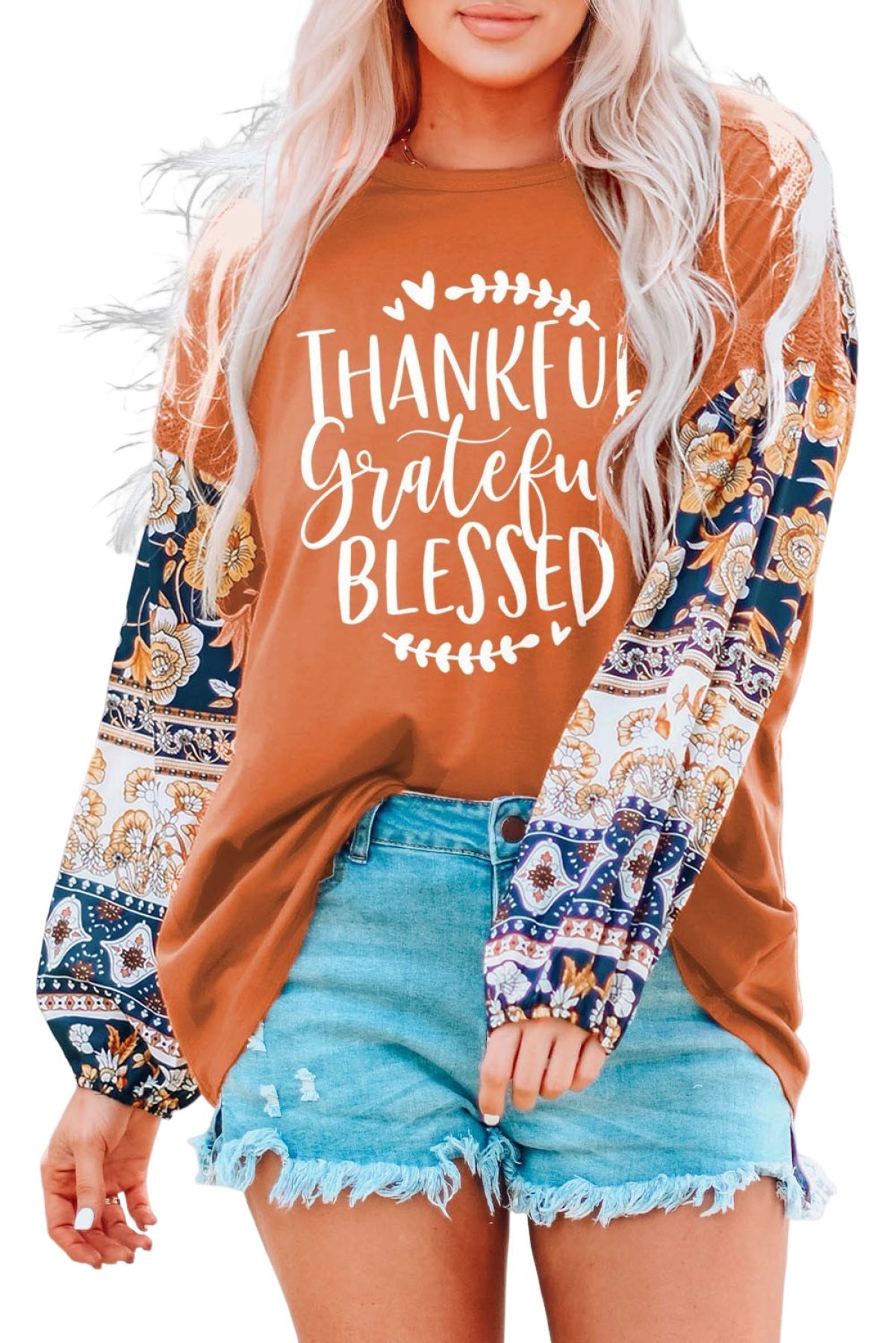 Brown Thankful Grateful Blessed Print Floral Sleeve Top