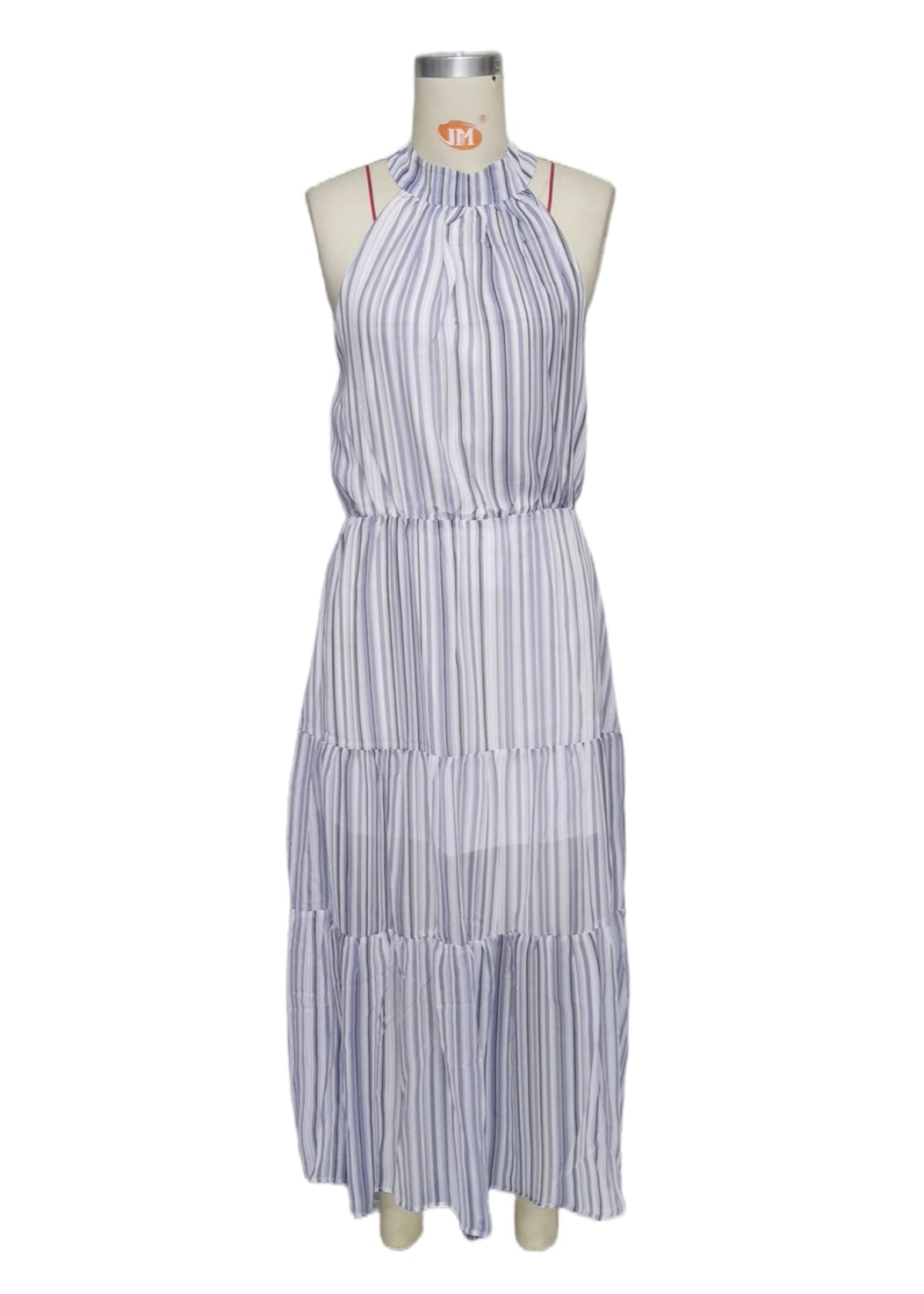 Halter Neck Sleeveless Cutout Tiered Striped Maxi Dress