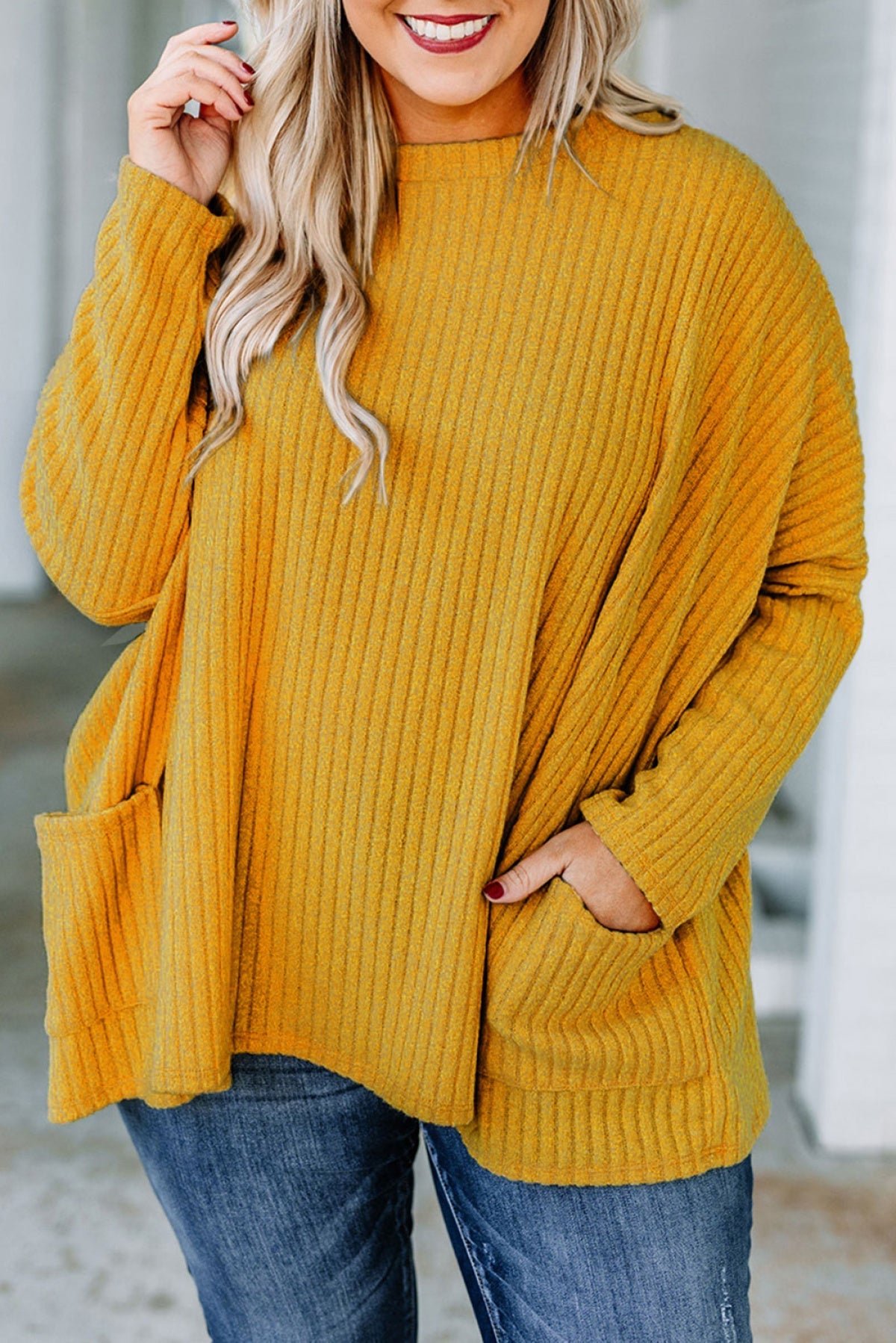 Yellow Plus Size Striped Textured Pocketed Top