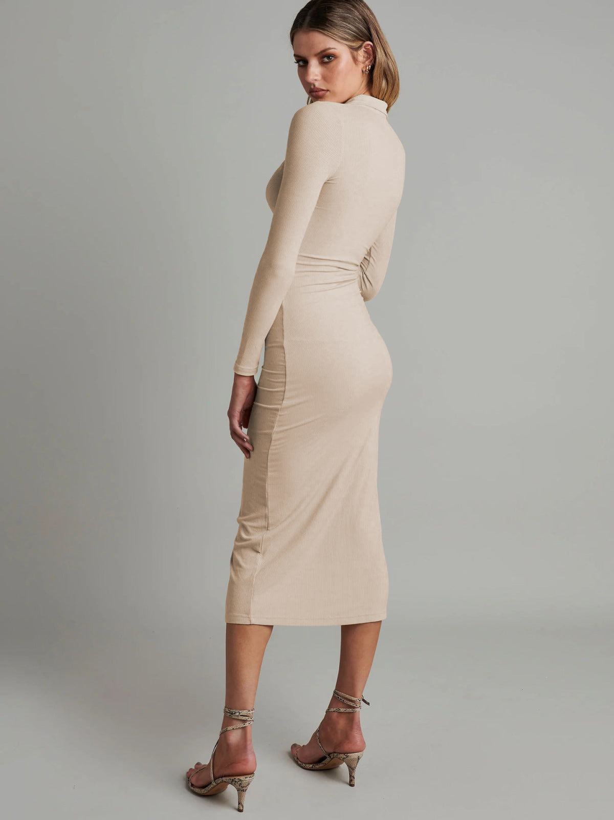 Solid Long Sleeve Button Down Bodycon Midi Dress