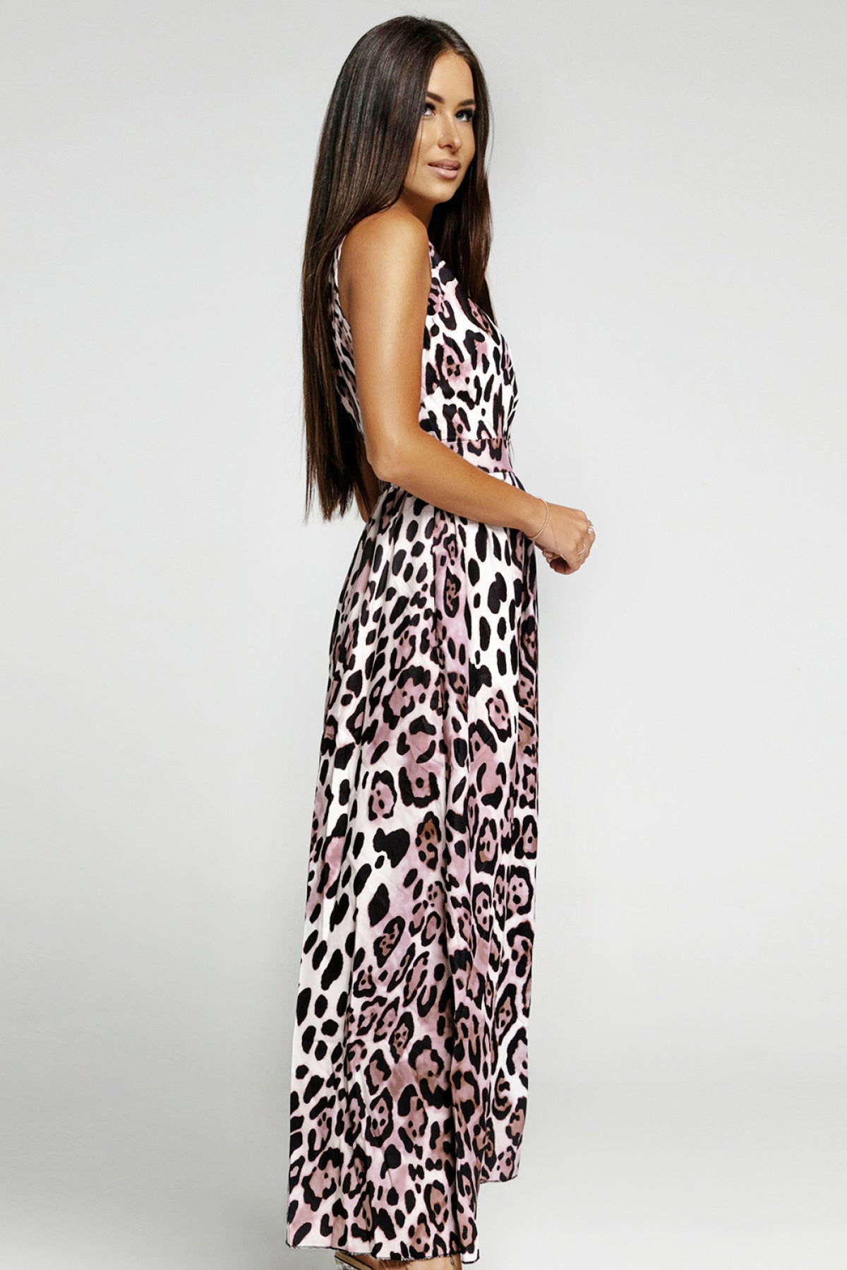 Wrap V Neck Backless Leopard Split Maxi Dress