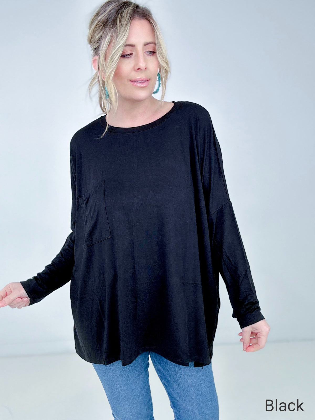 Zenana Luxe Rayon Oversized Round Neck Front Pocket Top