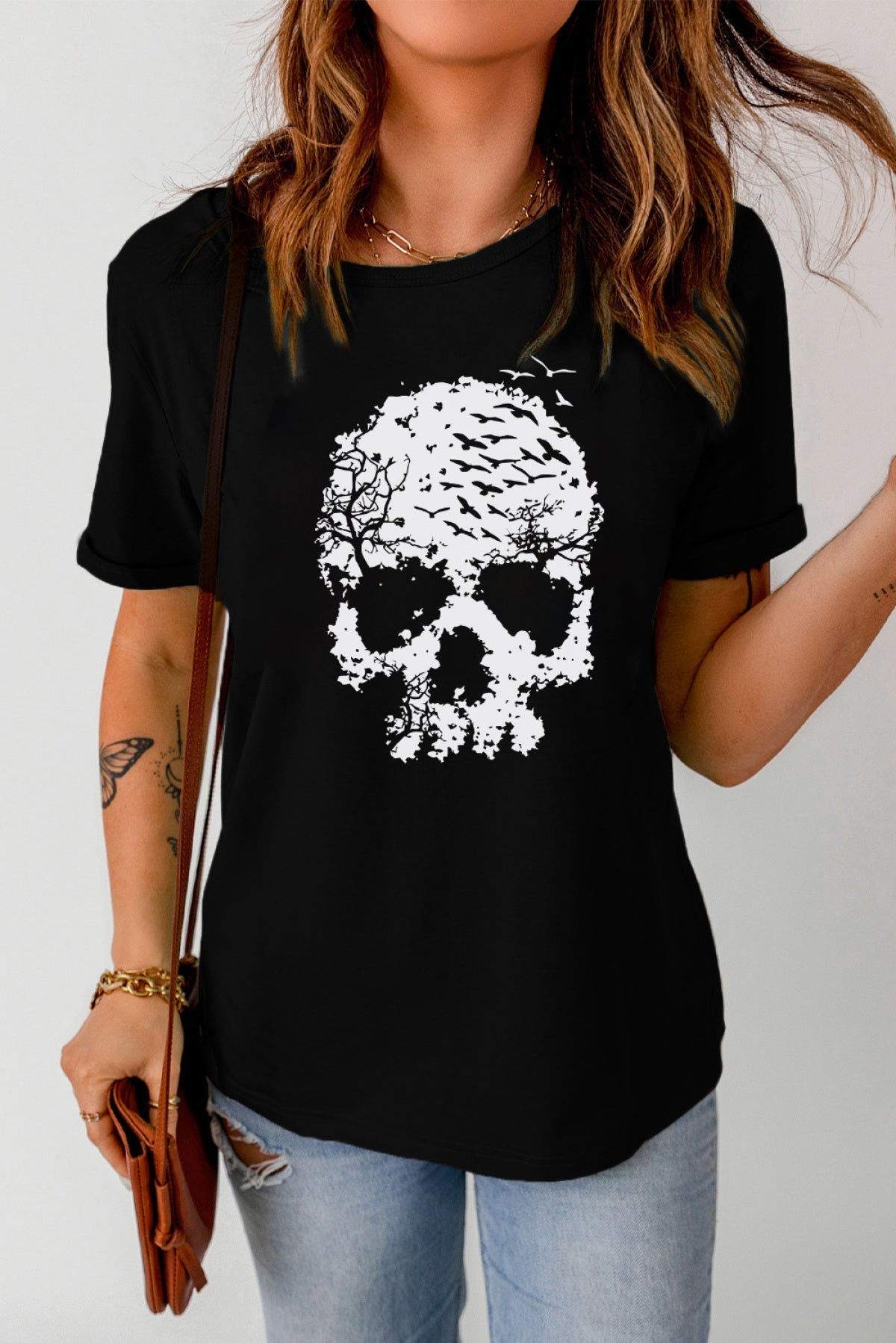 Black Skull Graphic Print Crew Neck T Shirt