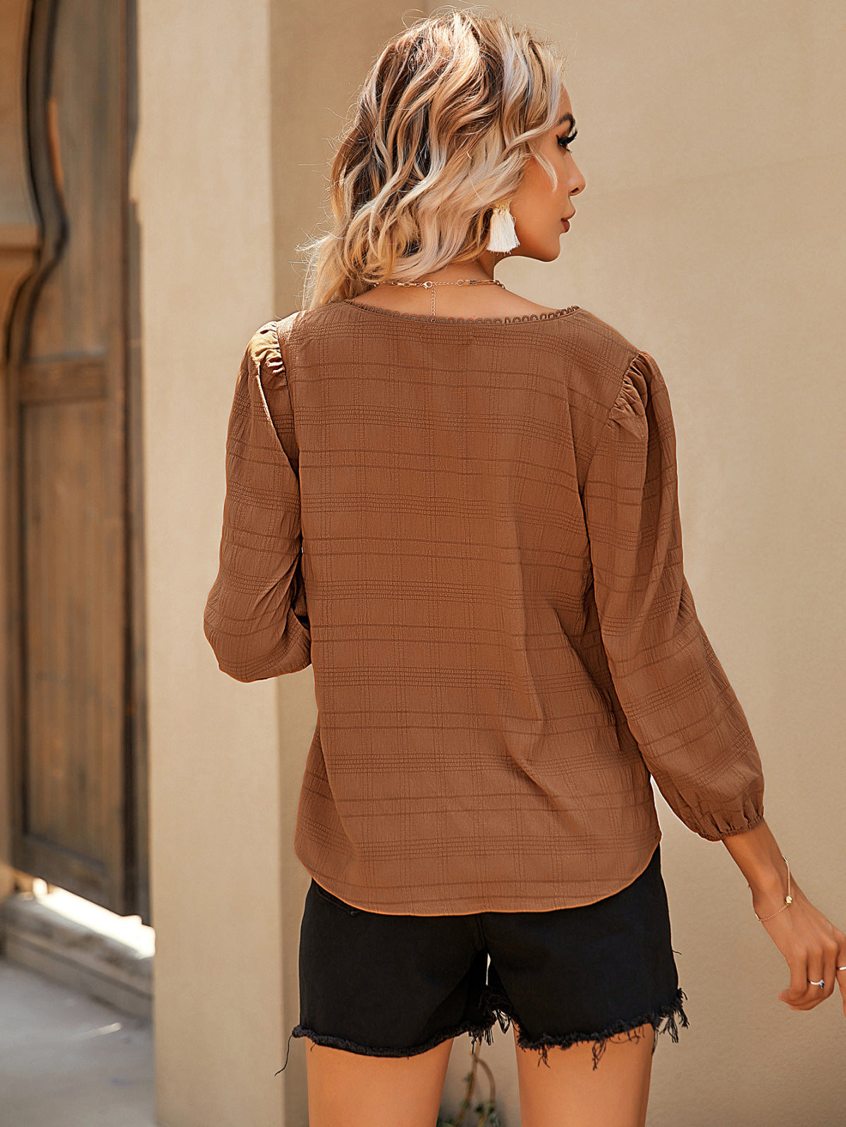 Brown V-Neck Buttoned Long Sleeve Blouse