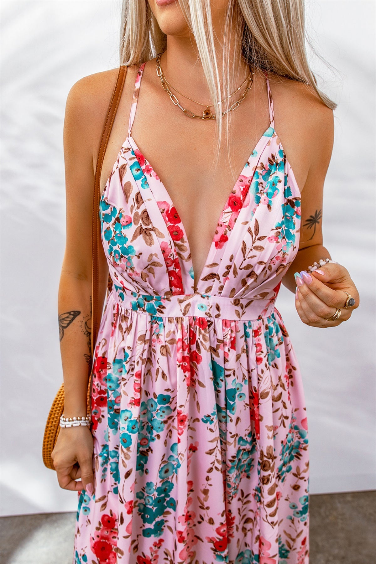 Pink Printed Pleated V Neck Crossed Strappy Back Dress